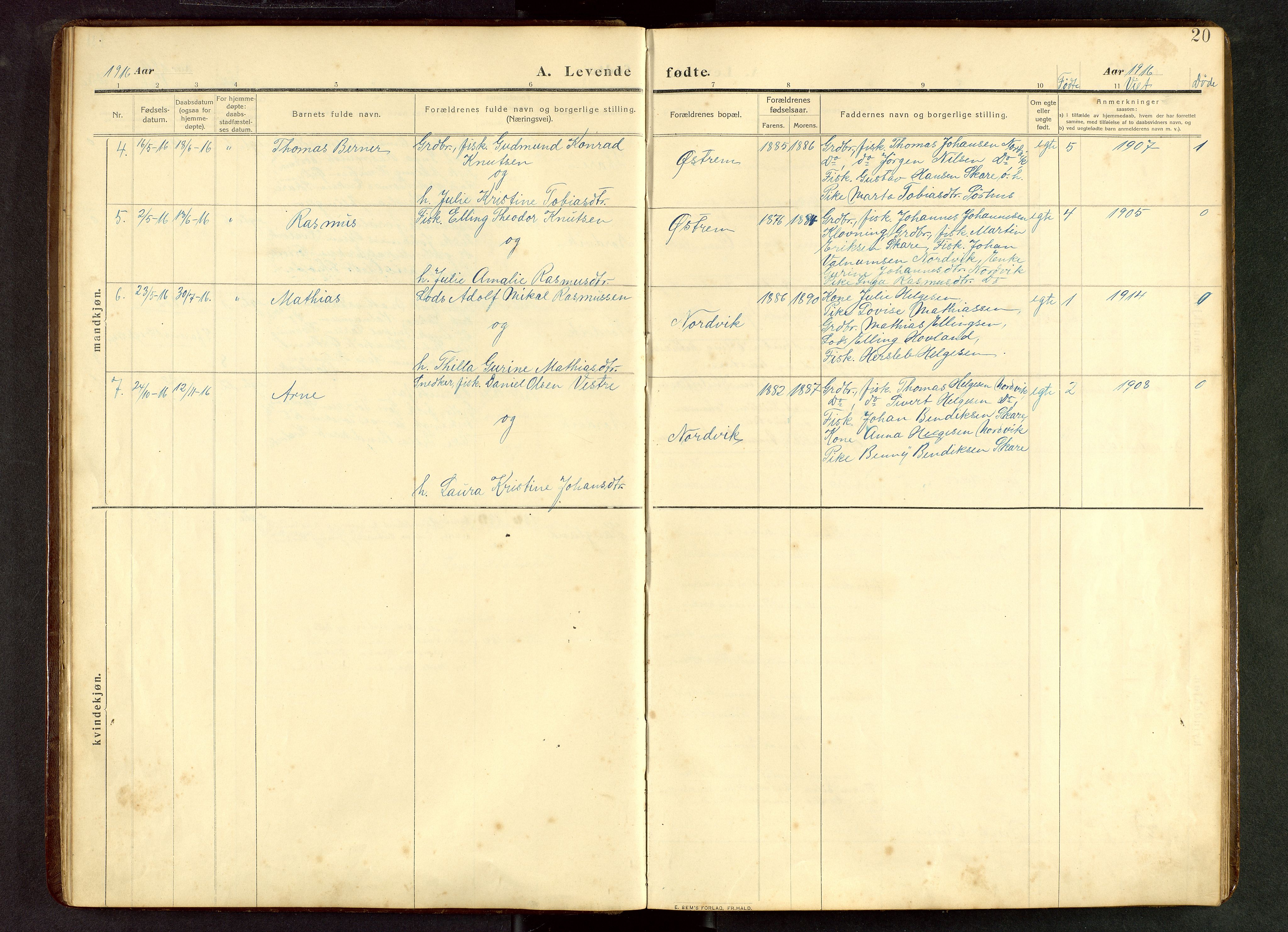Torvastad sokneprestkontor, SAST/A -101857/H/Ha/Hab/L0012: Parish register (copy) no. B 12, 1909-1945, p. 20