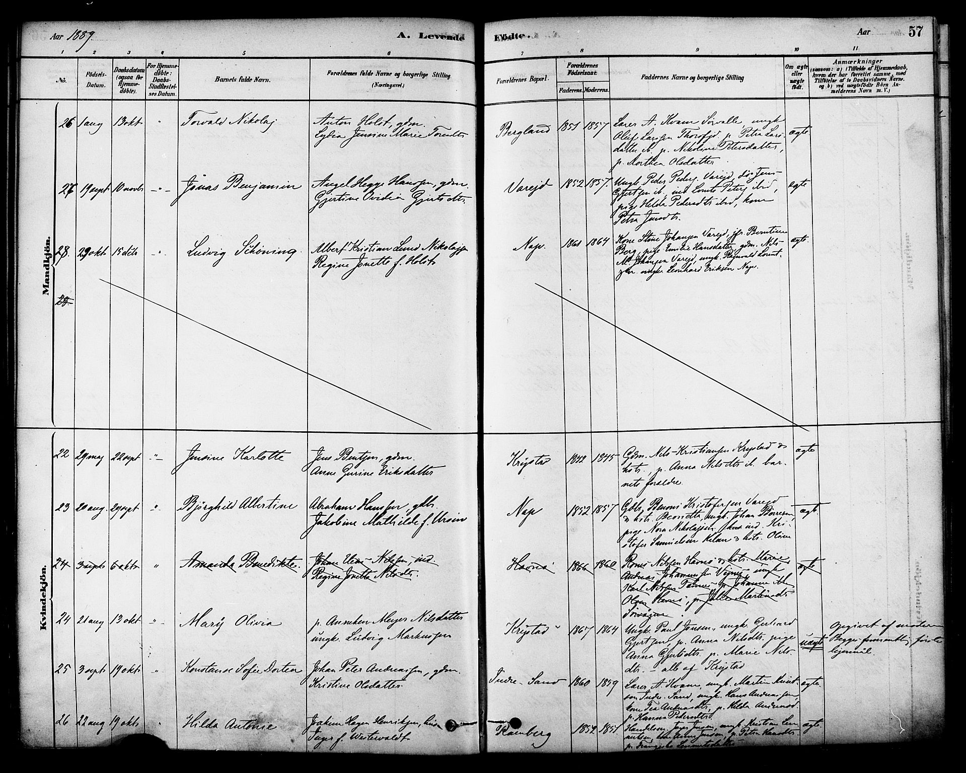 Ministerialprotokoller, klokkerbøker og fødselsregistre - Nordland, AV/SAT-A-1459/885/L1204: Parish register (official) no. 885A05, 1878-1892, p. 57