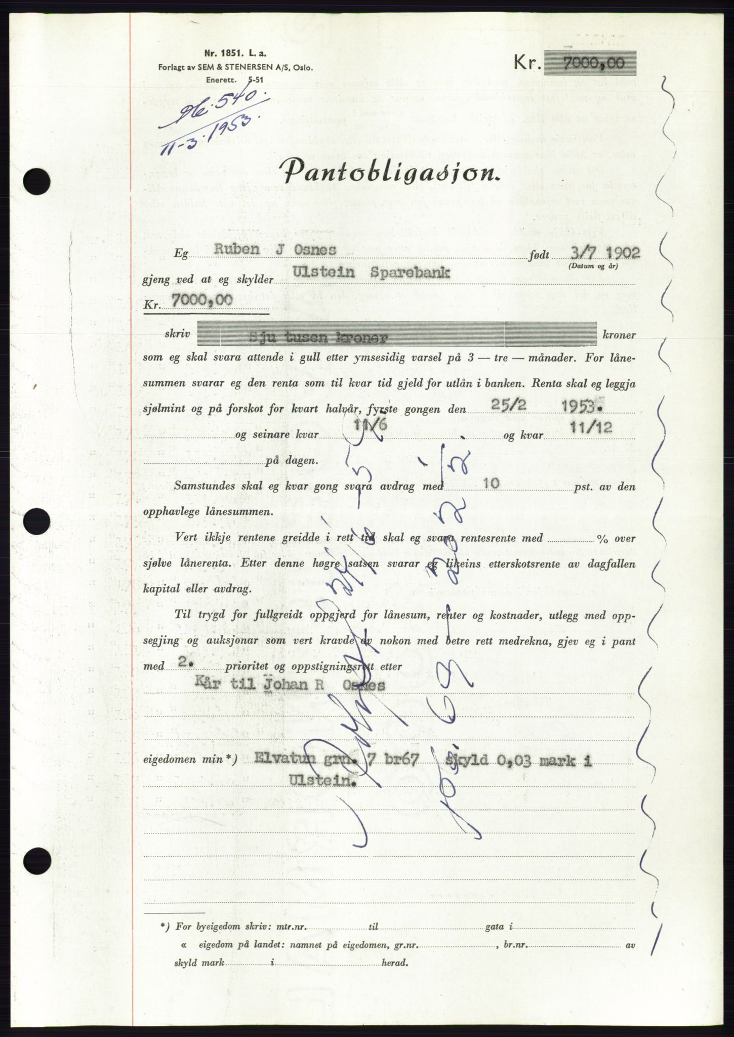 Søre Sunnmøre sorenskriveri, AV/SAT-A-4122/1/2/2C/L0123: Mortgage book no. 11B, 1953-1953, Diary no: : 540/1953