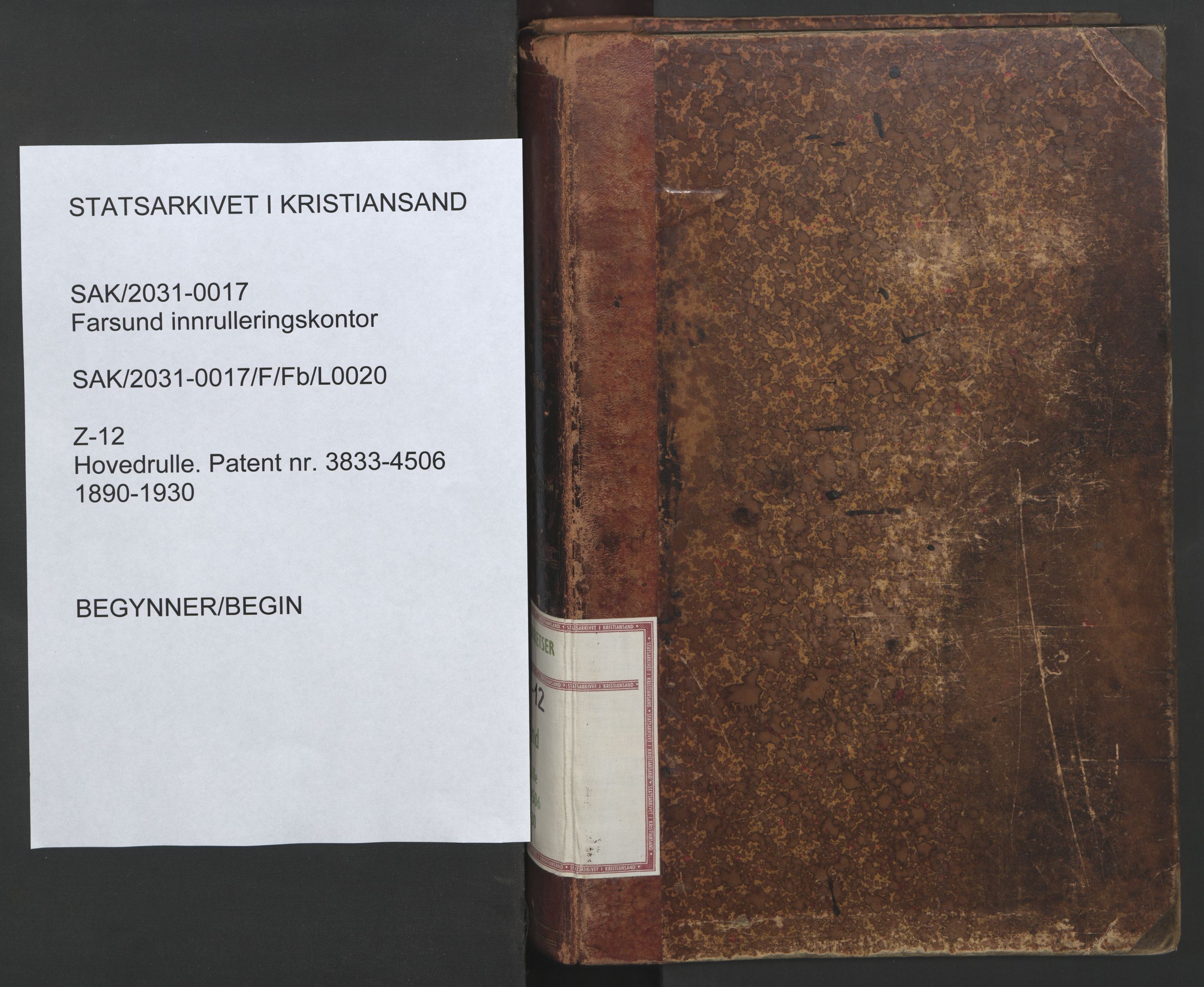 Farsund mønstringskrets, SAK/2031-0017/F/Fb/L0020: Hovedrulle nr 3833-4506, Z-12, 1890-1930, p. 1