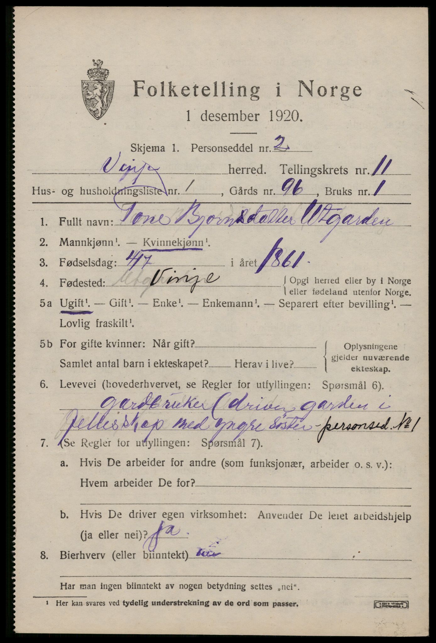 SAKO, 1920 census for Vinje, 1920, p. 3359