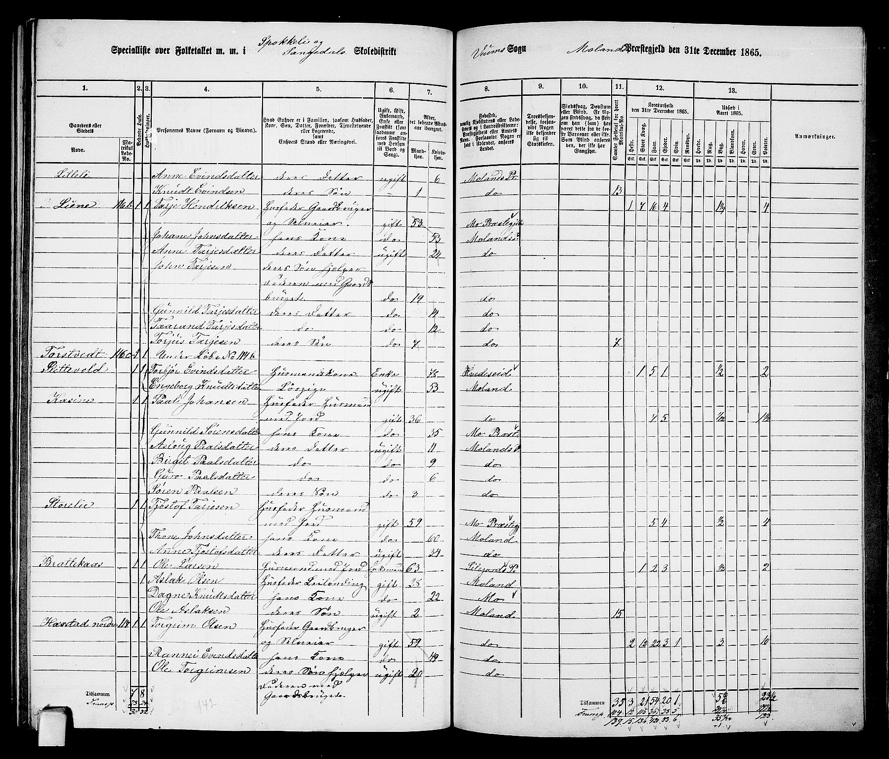 RA, 1865 census for Moland, 1865, p. 83