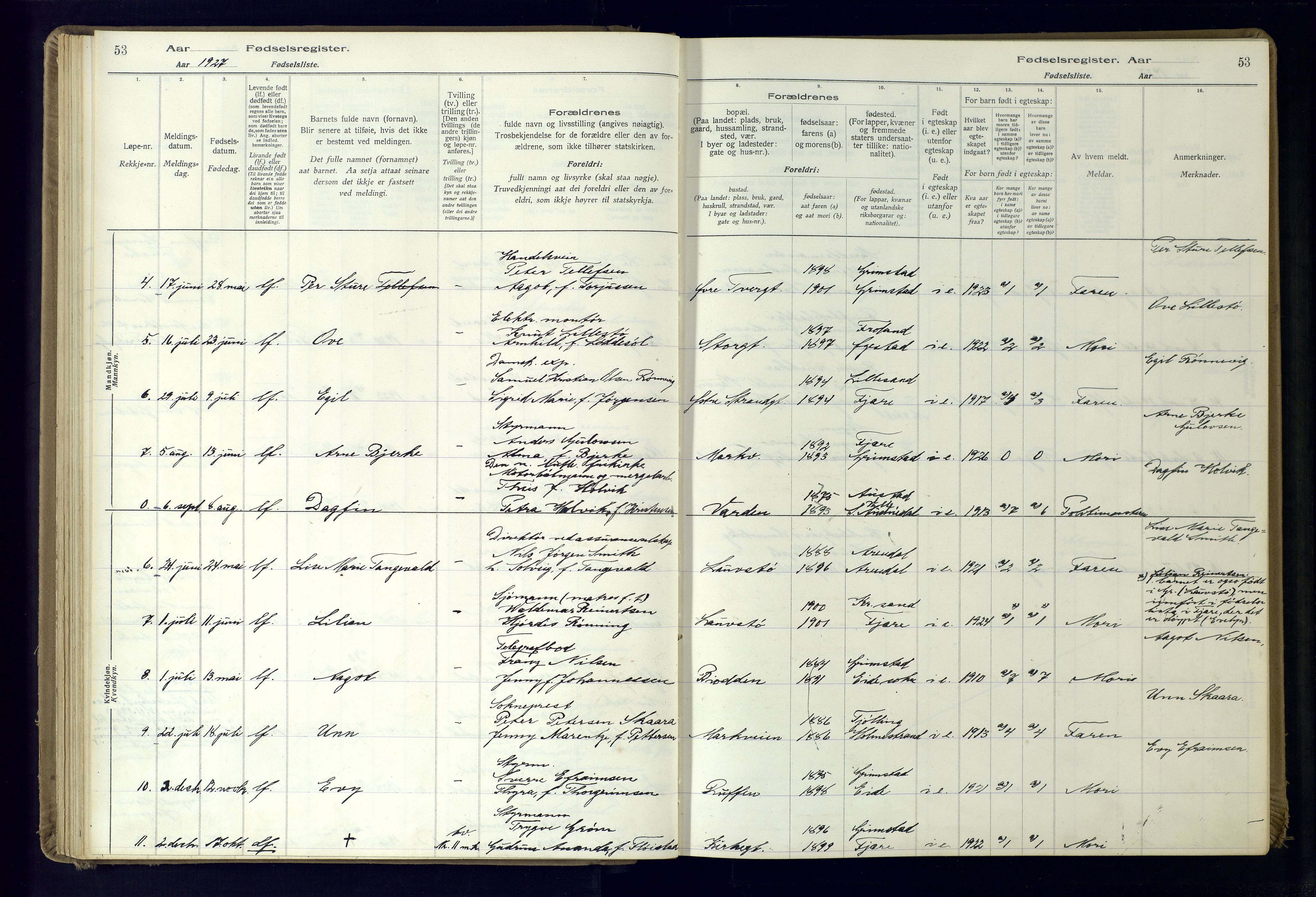 Grimstad sokneprestkontor, AV/SAK-1111-0017/J/Ja/L0001: Birth register no. 1, 1916-1960, p. 53