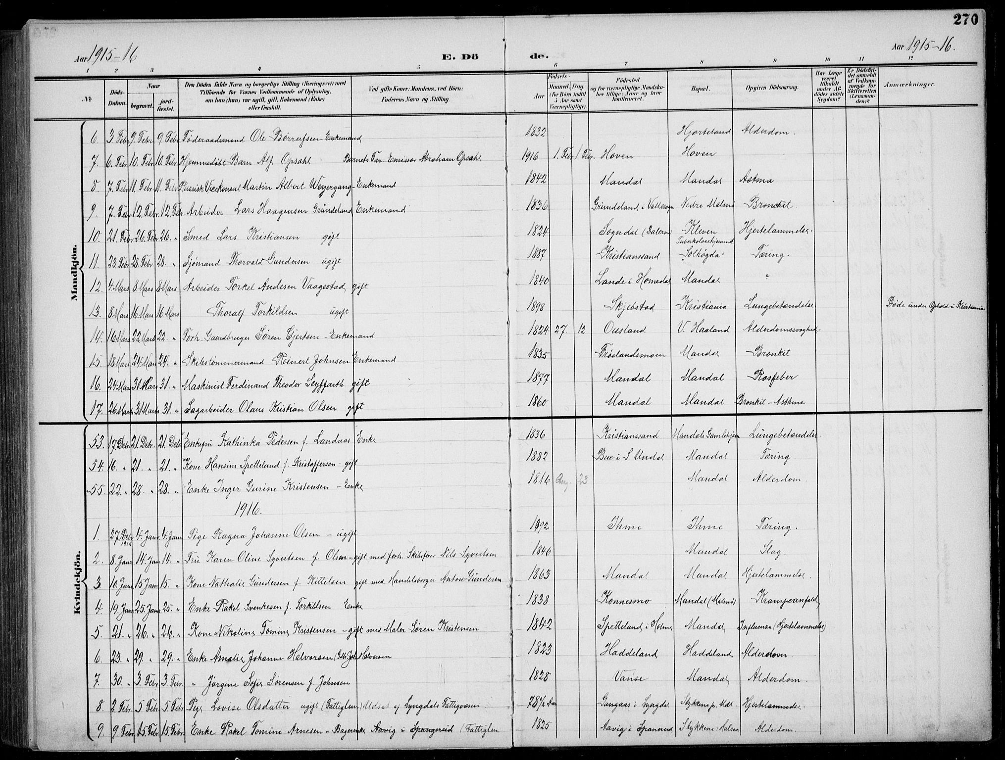 Mandal sokneprestkontor, AV/SAK-1111-0030/F/Fb/Fba/L0012: Parish register (copy) no. B 6, 1899-1918, p. 270