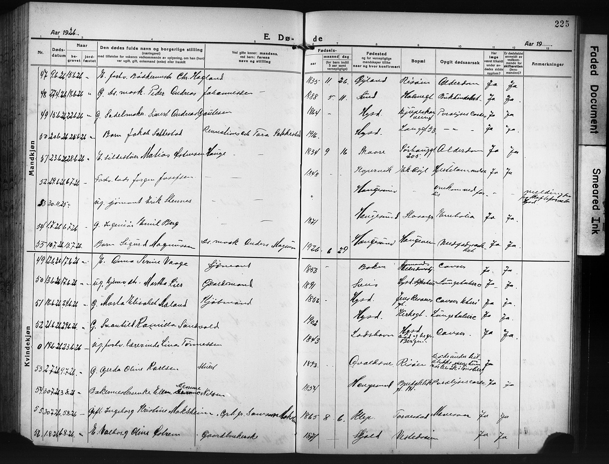 Haugesund sokneprestkontor, AV/SAST-A -101863/H/Ha/Hab/L0010: Parish register (copy) no. B 10, 1920-1931, p. 225