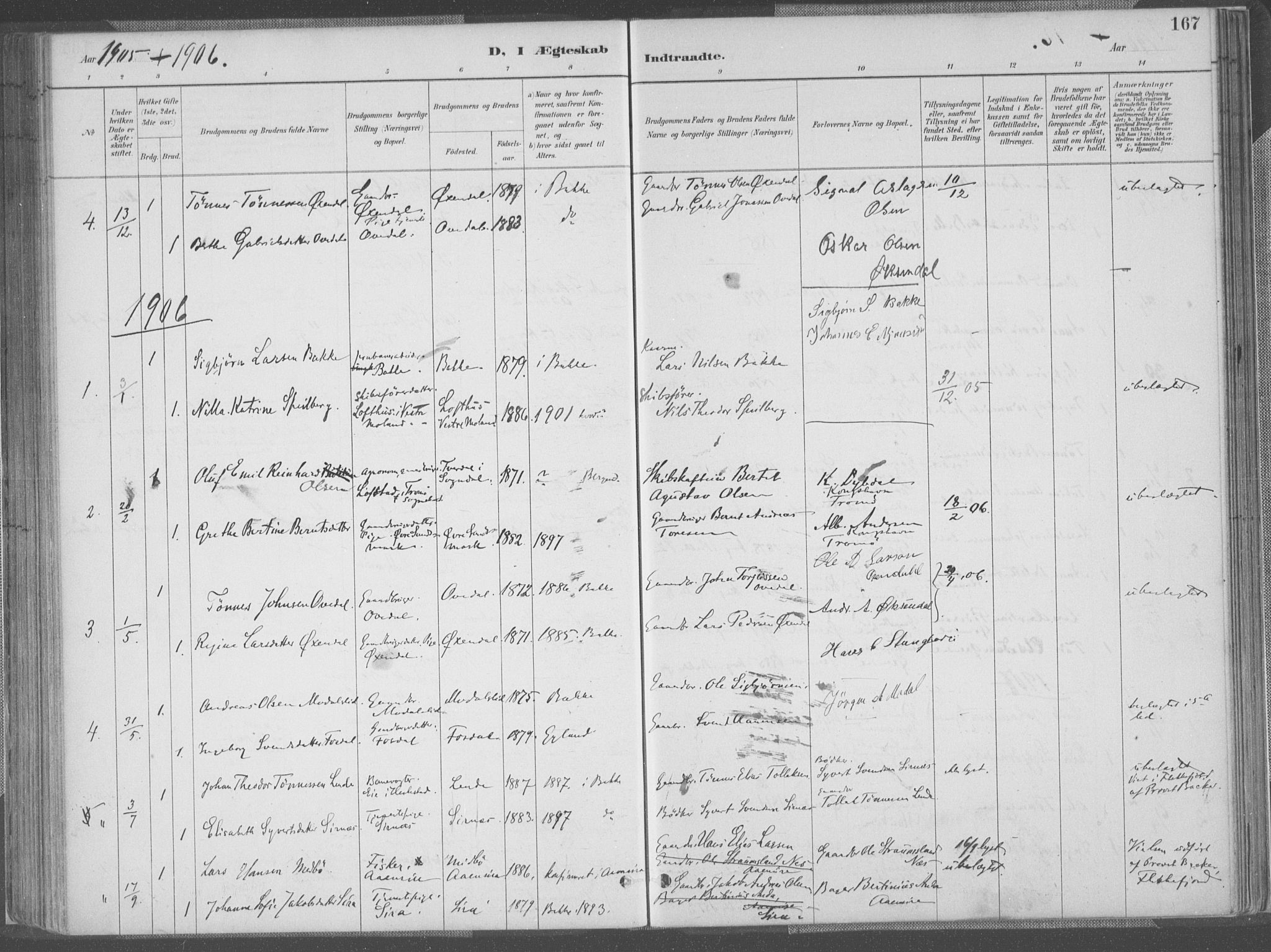 Bakke sokneprestkontor, SAK/1111-0002/F/Fa/Faa/L0008: Parish register (official) no. A 8, 1887-1911, p. 167