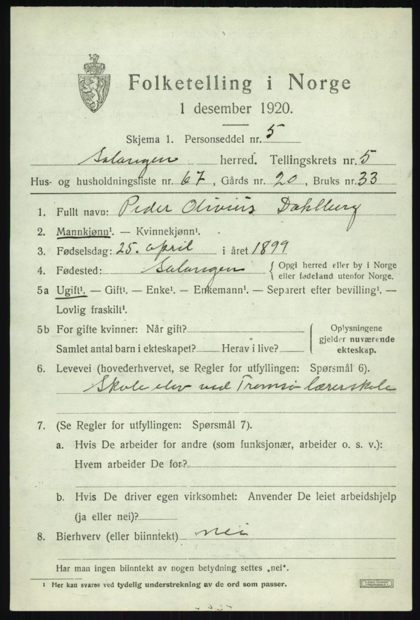 SATØ, 1920 census for Salangen, 1920, p. 4188