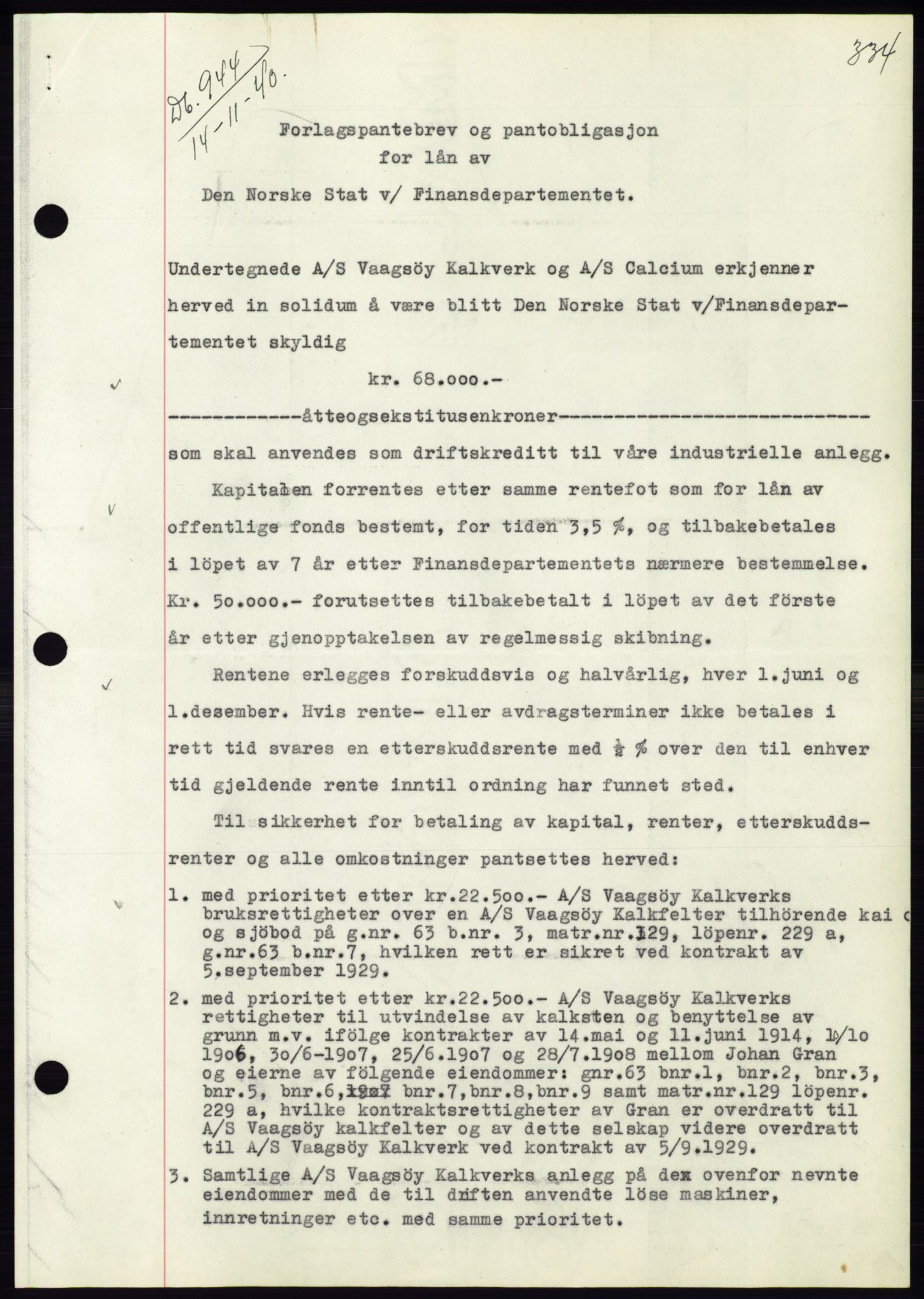 Søre Sunnmøre sorenskriveri, AV/SAT-A-4122/1/2/2C/L0070: Mortgage book no. 64, 1940-1941, Diary no: : 944/1940