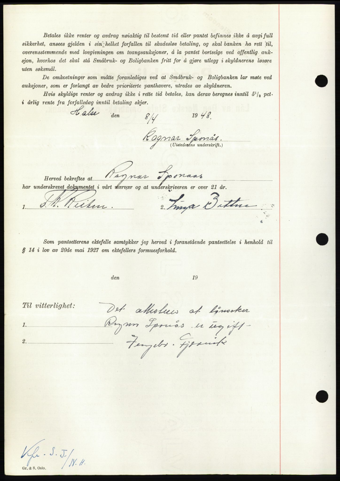 Nordmøre sorenskriveri, AV/SAT-A-4132/1/2/2Ca: Mortgage book no. B98, 1948-1948, Diary no: : 806/1948