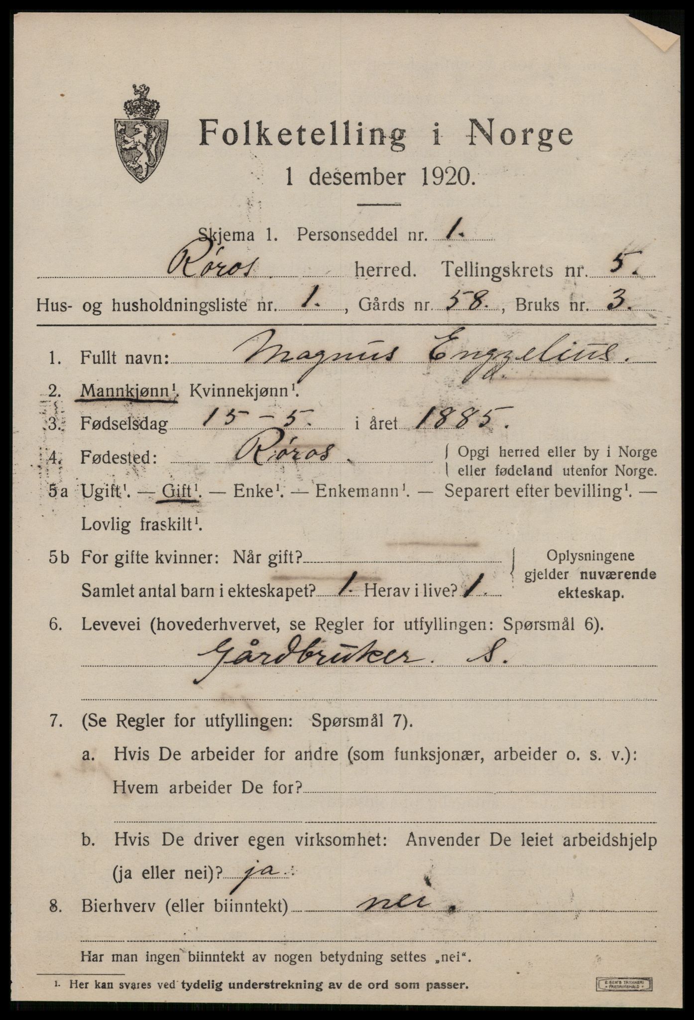 SAT, 1920 census for Røros, 1920, p. 5552