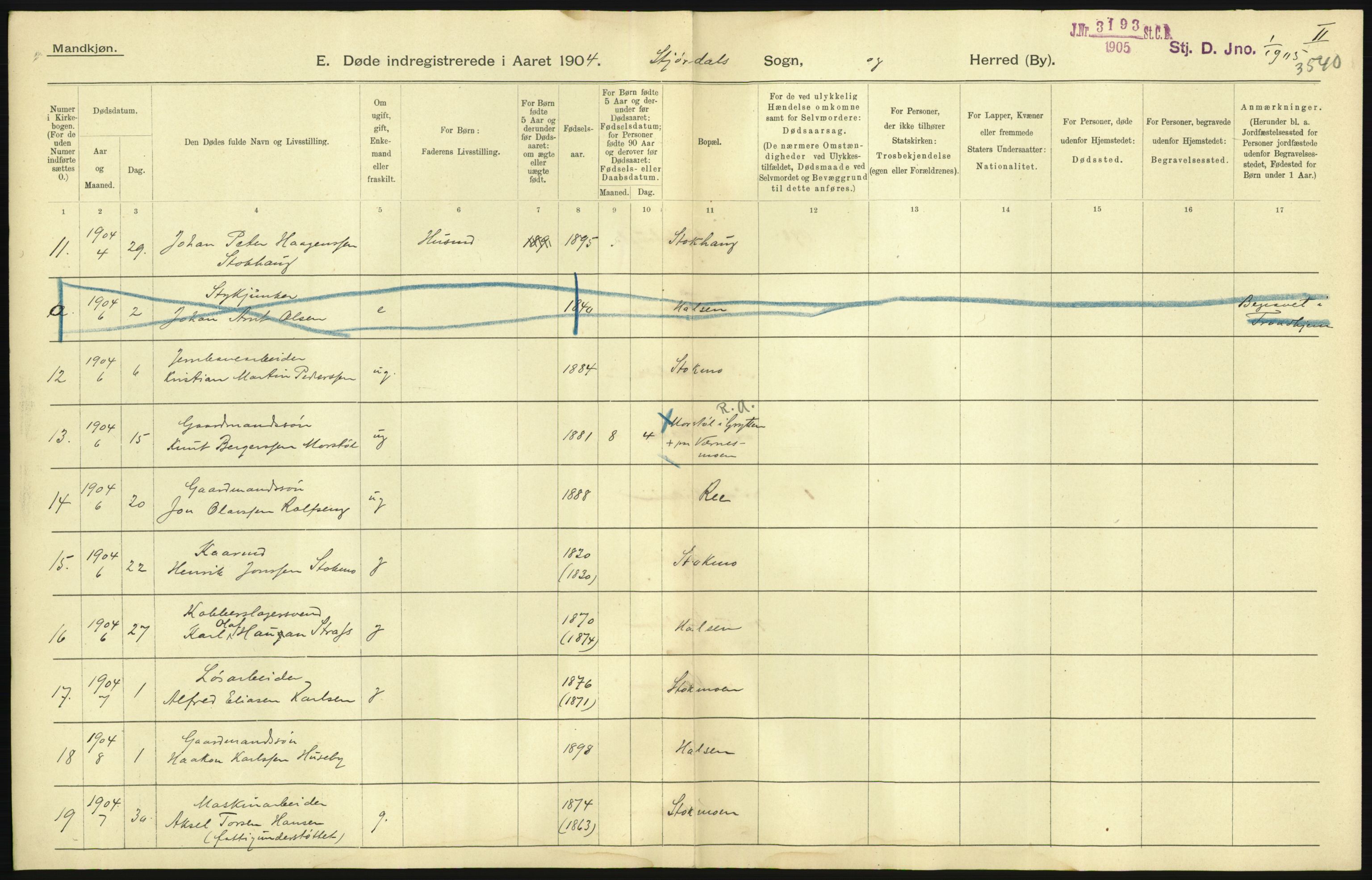 Statistisk sentralbyrå, Sosiodemografiske emner, Befolkning, AV/RA-S-2228/D/Df/Dfa/Dfab/L0019: Nordre Trondhjems amt: Fødte, gifte, døde, 1904, p. 451