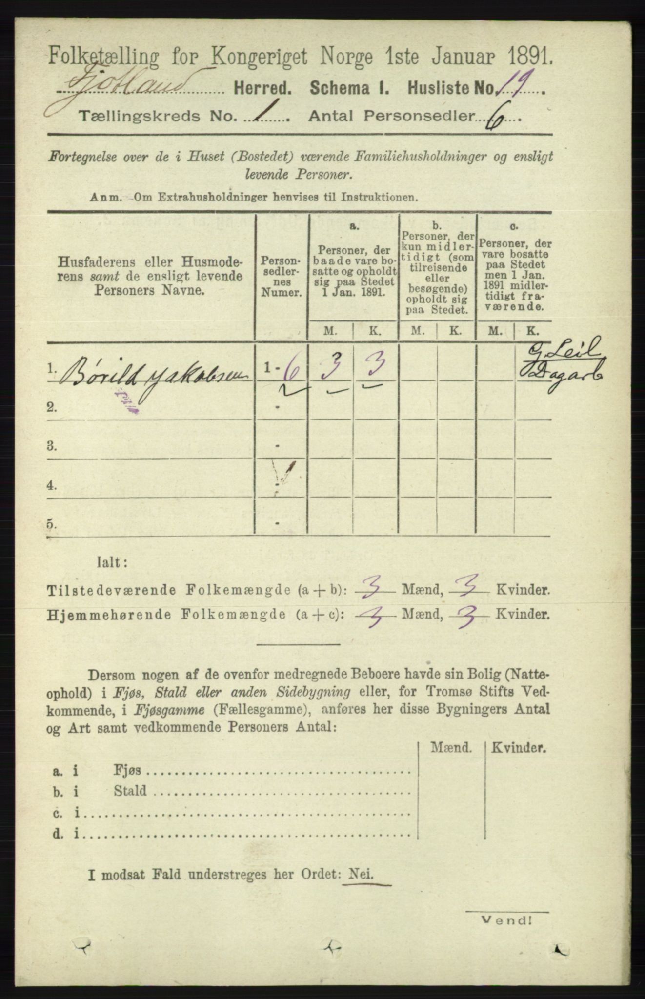 RA, 1891 census for 1036 Fjotland, 1891, p. 43