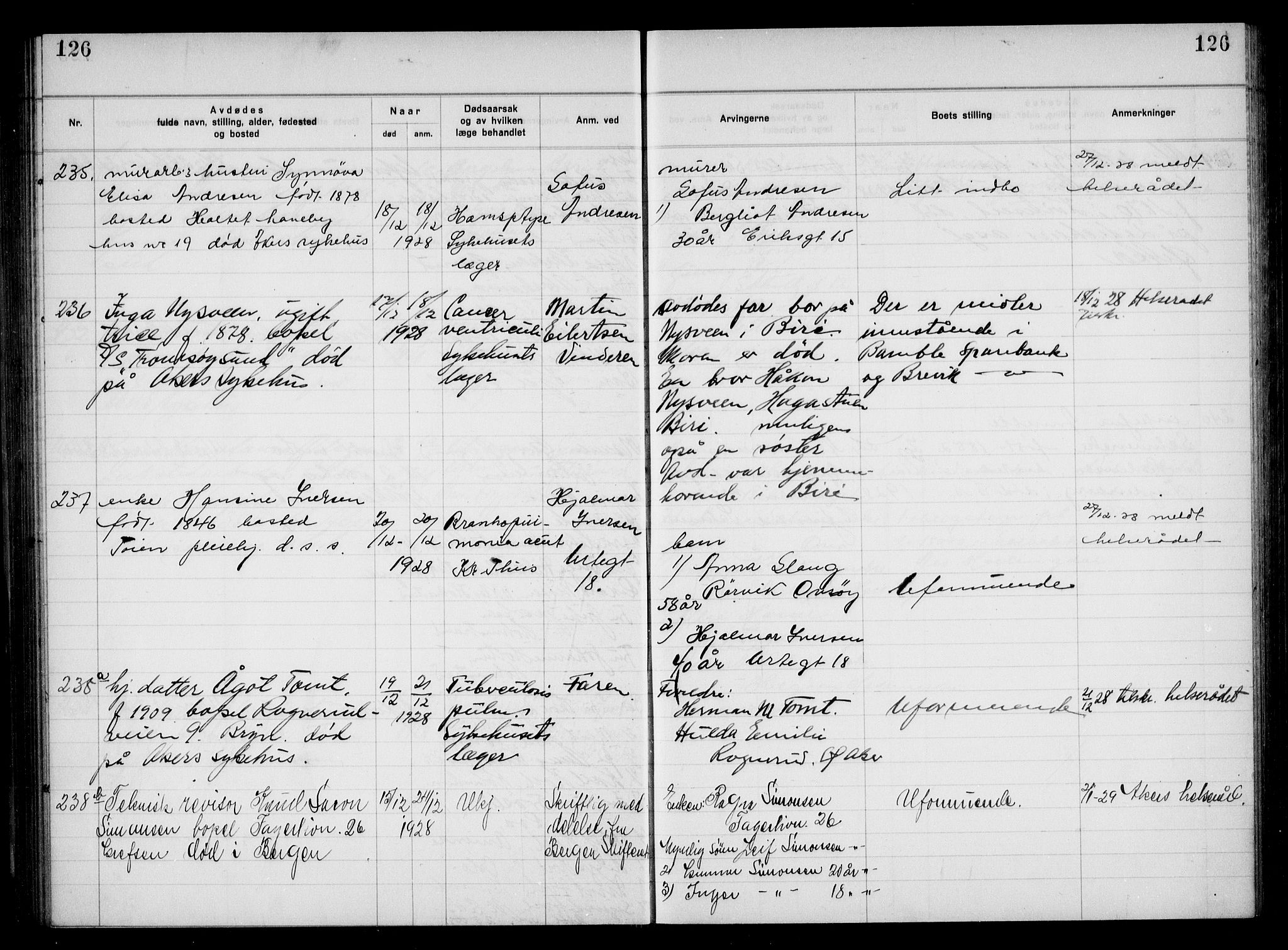 Aker kriminaldommer, skifte- og auksjonsforvalterembete, AV/SAO-A-10452/H/Hb/Hba/Hbac/L0002: Dødsfallsprotokoll for Østre Aker, 1927-1931, p. 126