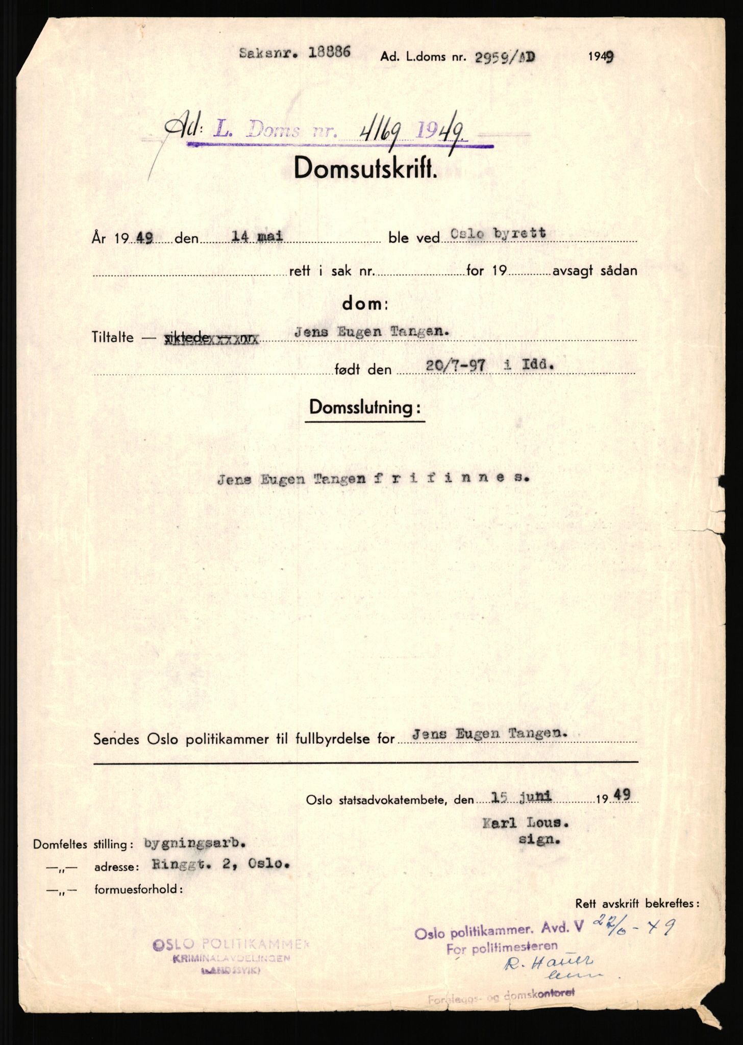 Landssvikarkivet, Oslo politikammer, AV/RA-S-3138-01/D/Da/L1026/0002: Dommer, dnr. 4168 - 4170 / Dnr. 4169, 1945-1948, p. 381