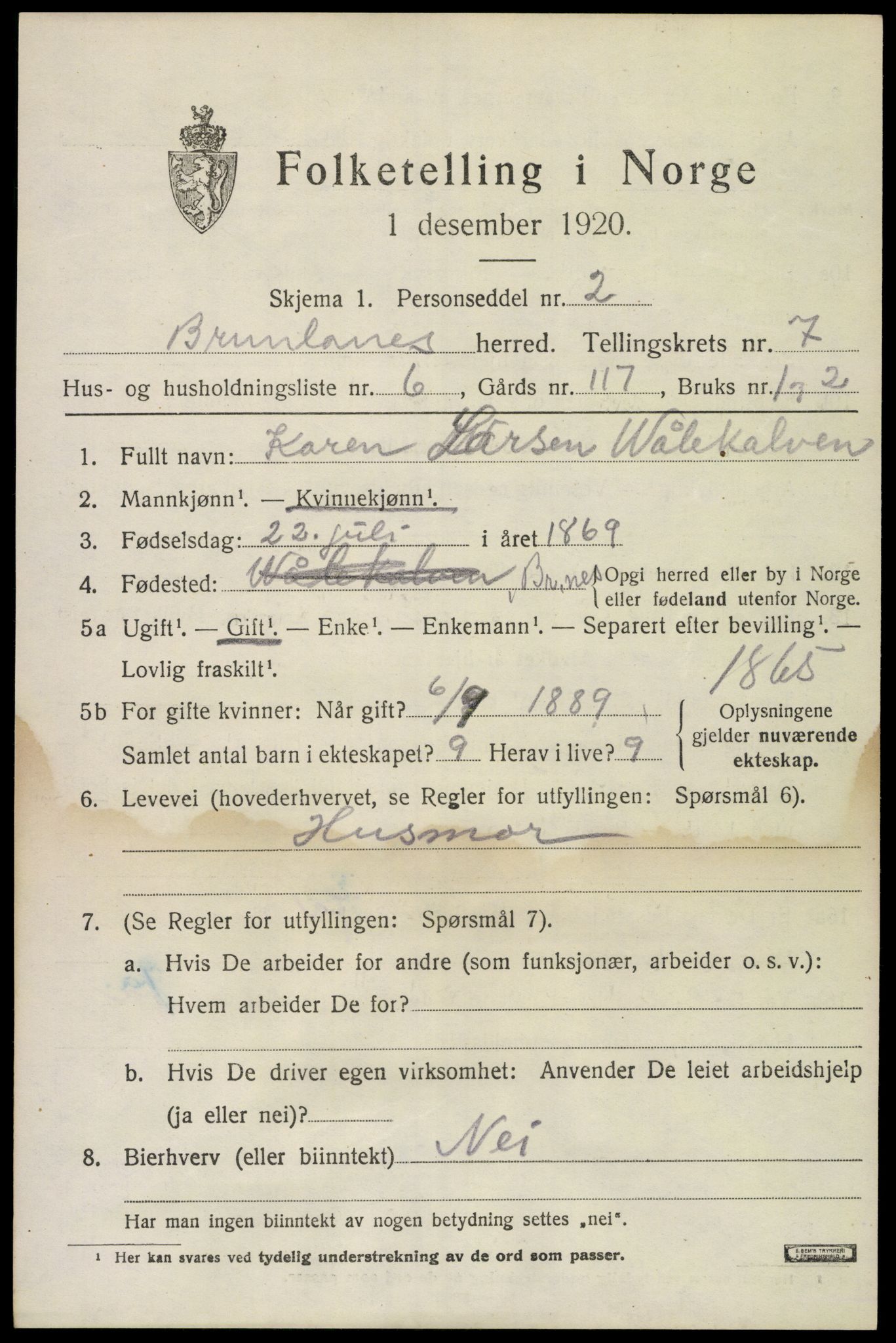SAKO, 1920 census for Brunlanes, 1920, p. 7137