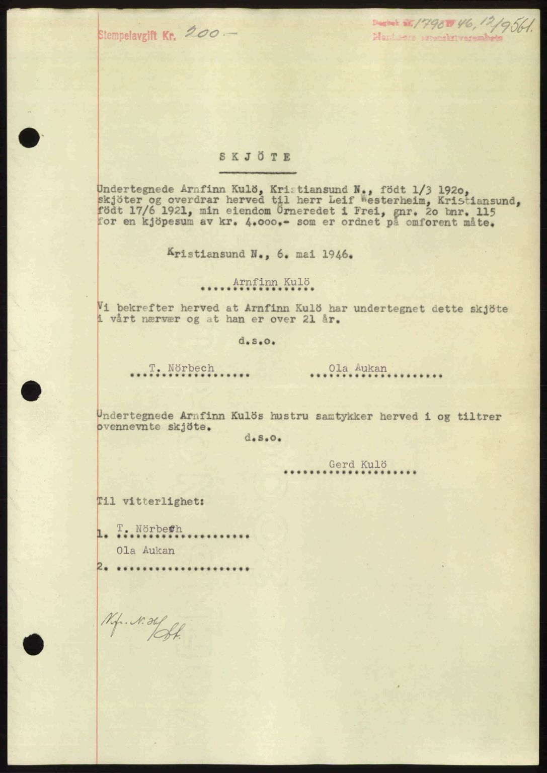 Nordmøre sorenskriveri, AV/SAT-A-4132/1/2/2Ca: Mortgage book no. A102, 1946-1946, Diary no: : 1790/1946