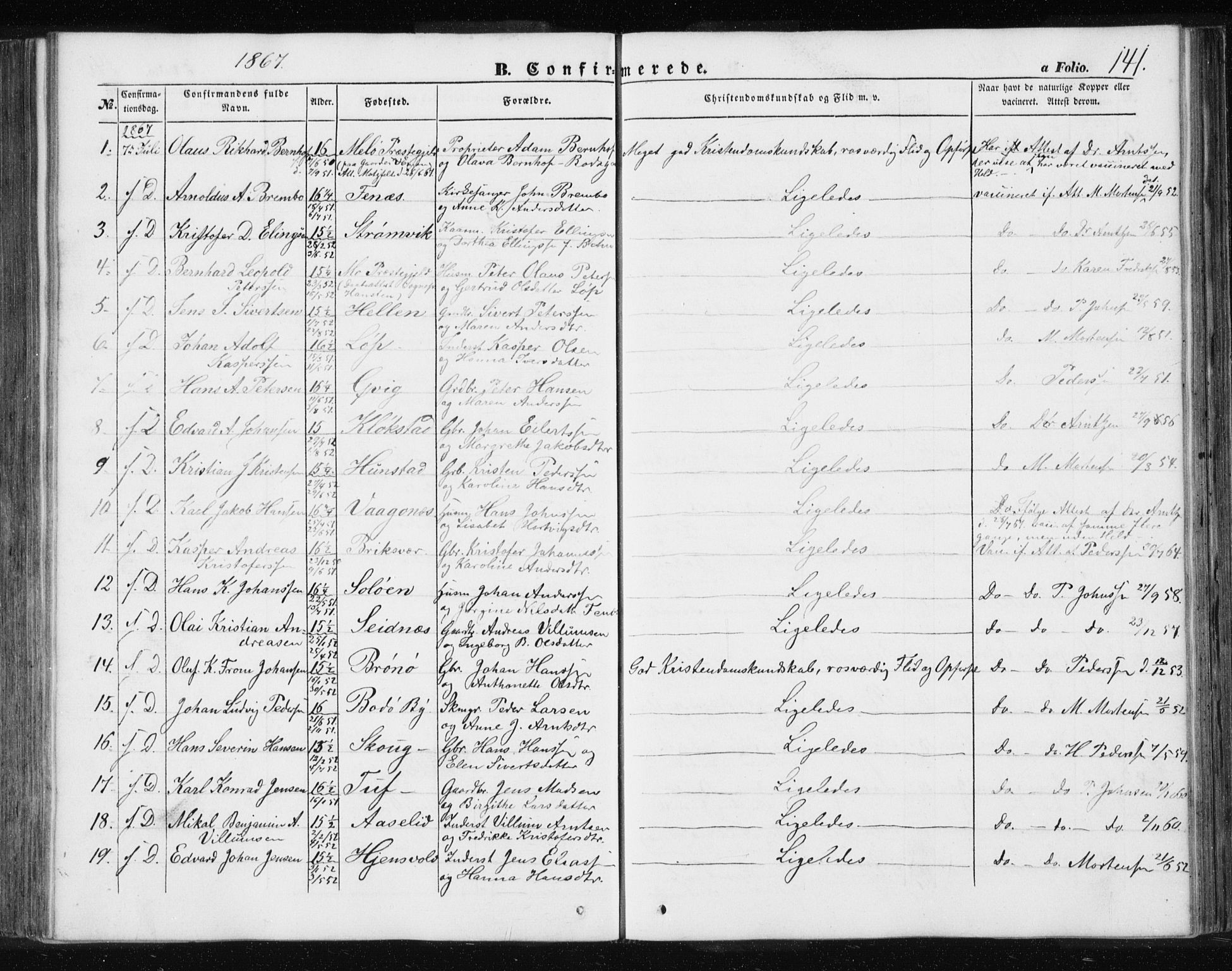 Ministerialprotokoller, klokkerbøker og fødselsregistre - Nordland, SAT/A-1459/801/L0028: Parish register (copy) no. 801C03, 1855-1867, p. 141