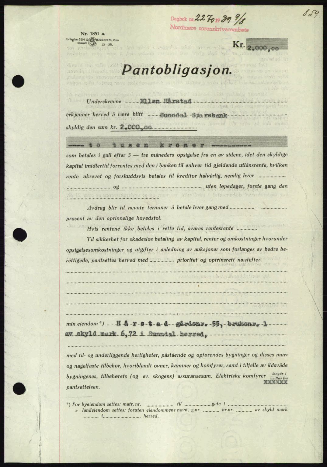 Nordmøre sorenskriveri, AV/SAT-A-4132/1/2/2Ca: Mortgage book no. B85, 1939-1939, Diary no: : 2270/1939