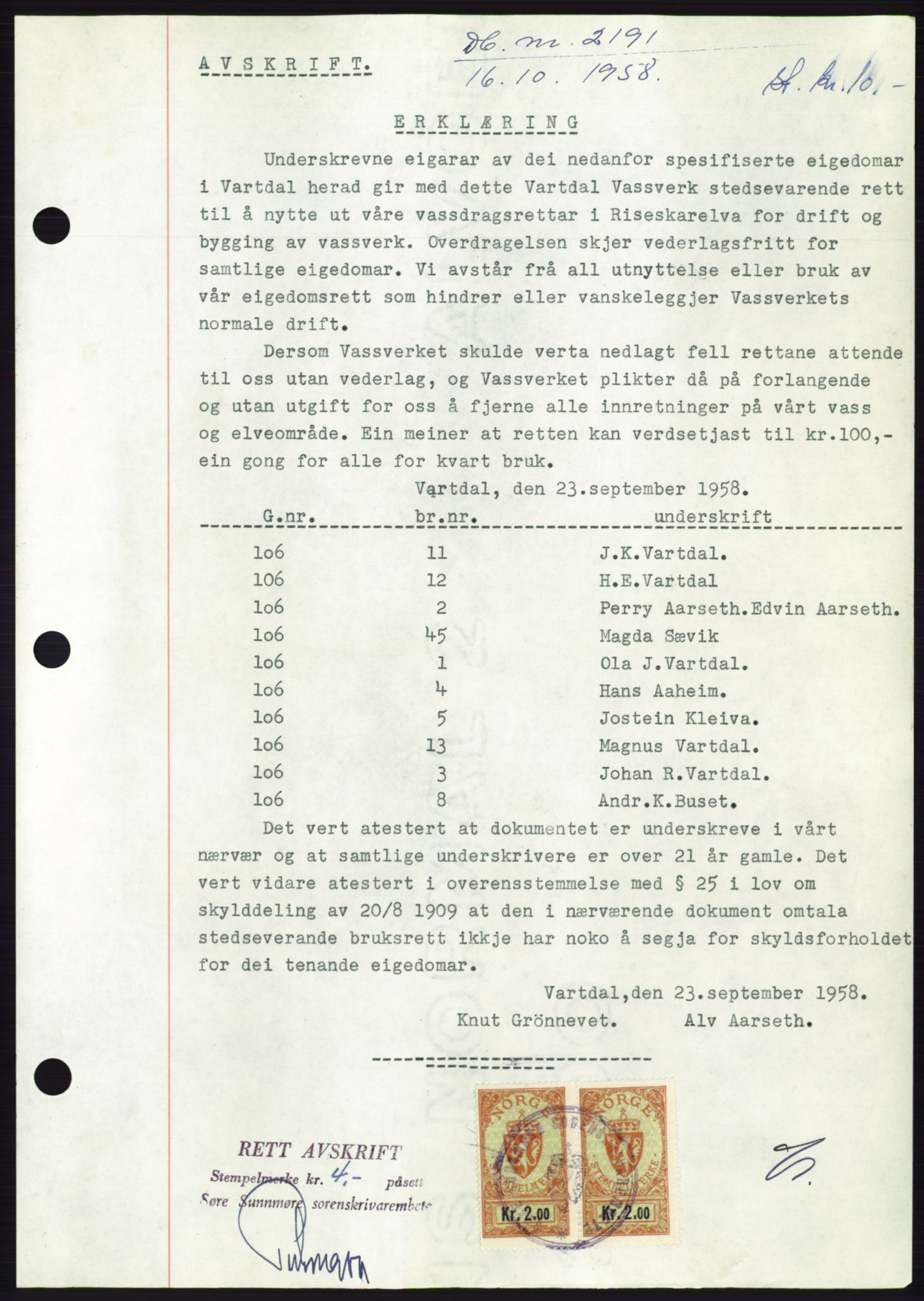 Søre Sunnmøre sorenskriveri, AV/SAT-A-4122/1/2/2C/L0110: Mortgage book no. 36A, 1958-1958, Diary no: : 2191/1958