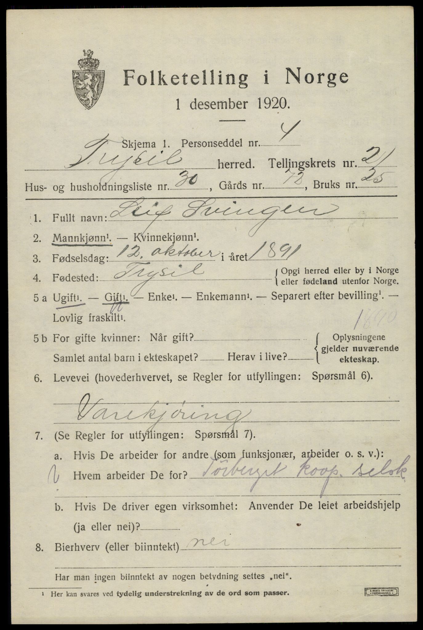 SAH, 1920 census for Trysil, 1920, p. 14125