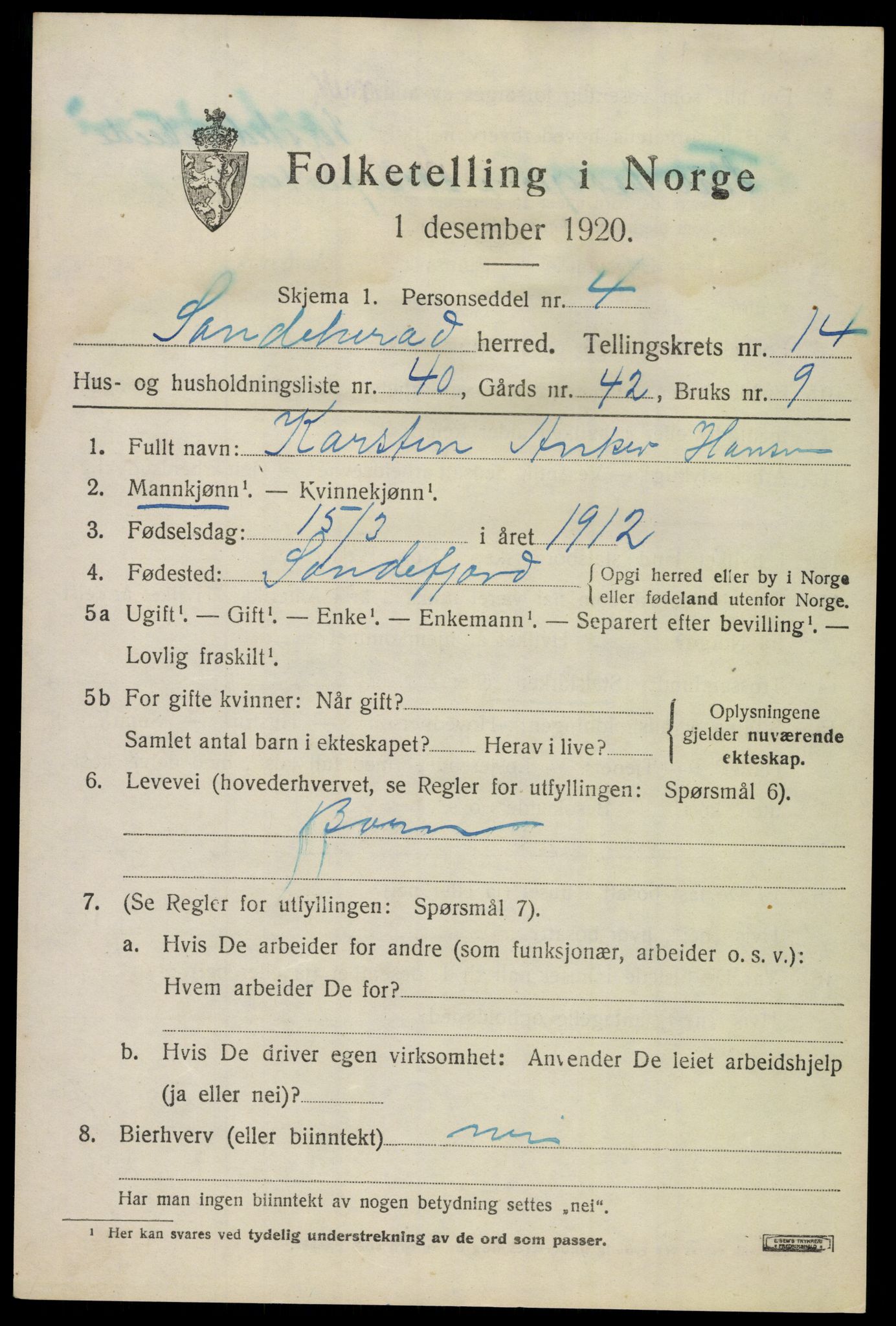 SAKO, 1920 census for Sandeherred, 1920, p. 20728