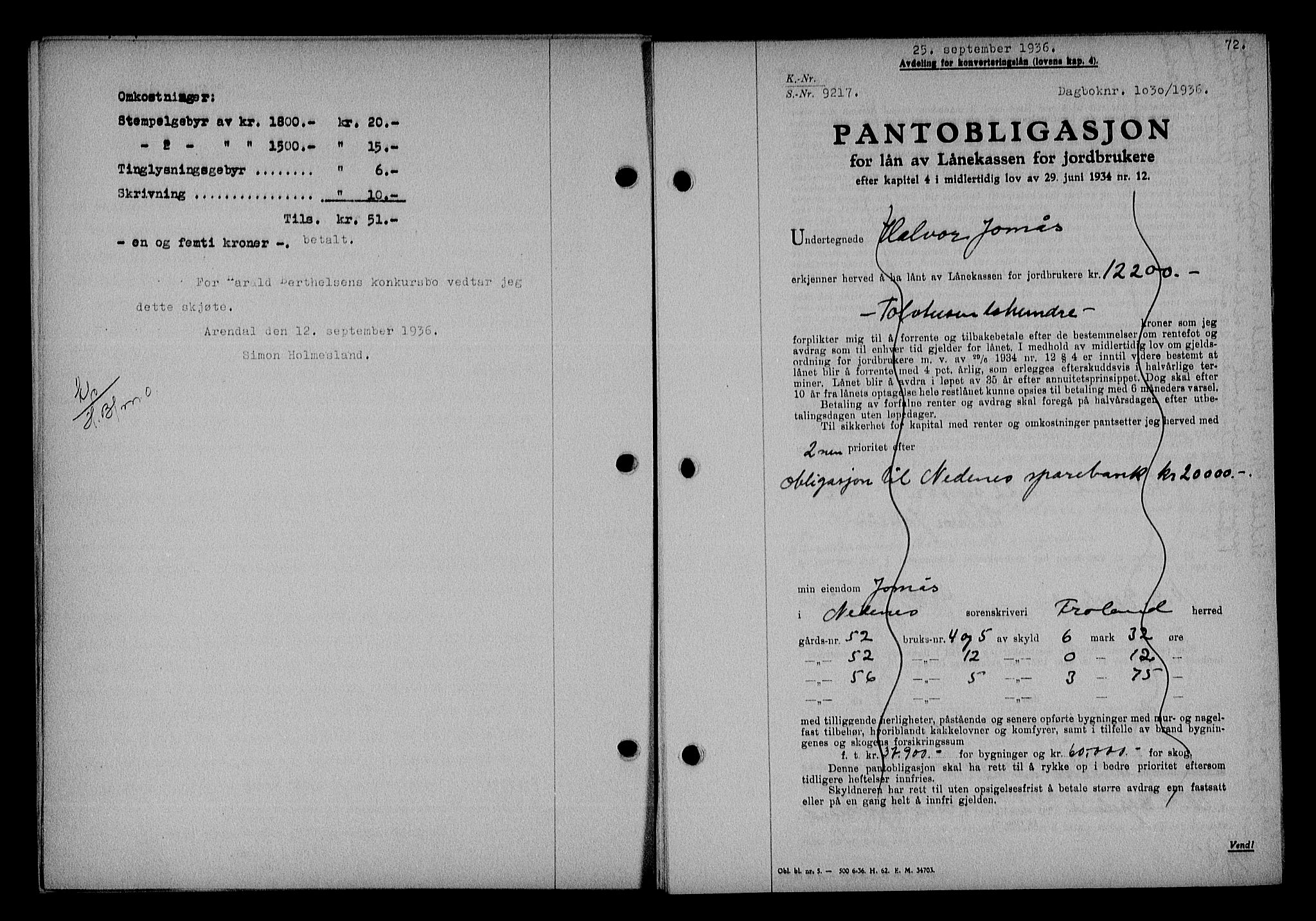 Nedenes sorenskriveri, SAK/1221-0006/G/Gb/Gba/L0043: Mortgage book no. 39, 1936-1937, Diary no: : 1030/1936