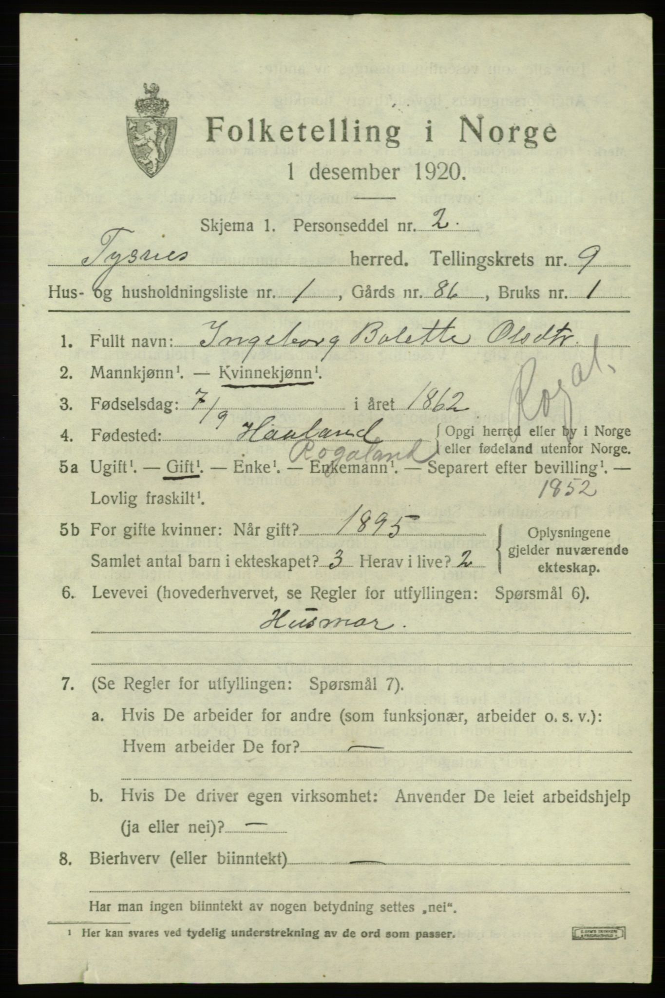 SAB, 1920 census for Tysnes, 1920, p. 6168