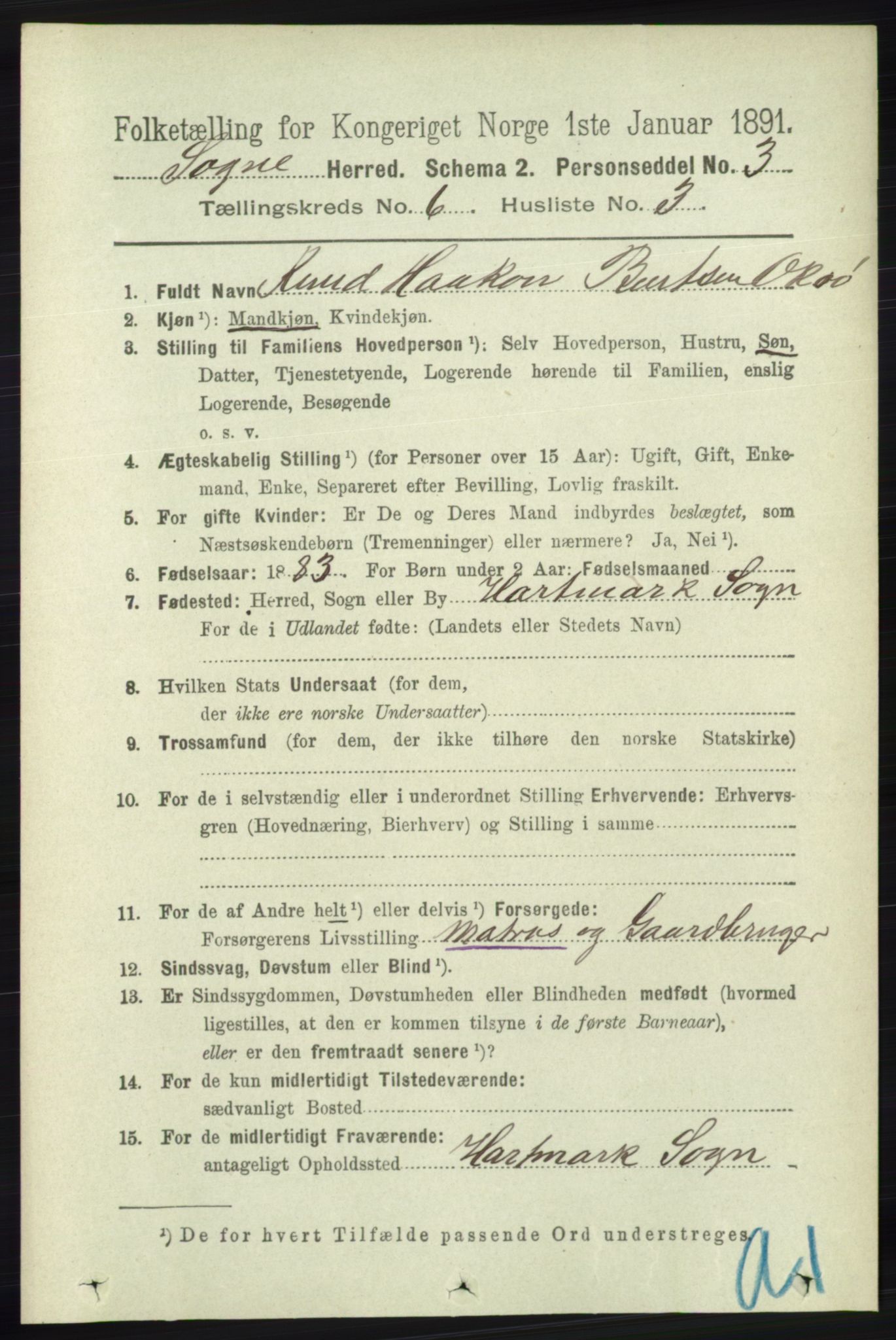 RA, 1891 census for 1018 Søgne, 1891, p. 1379