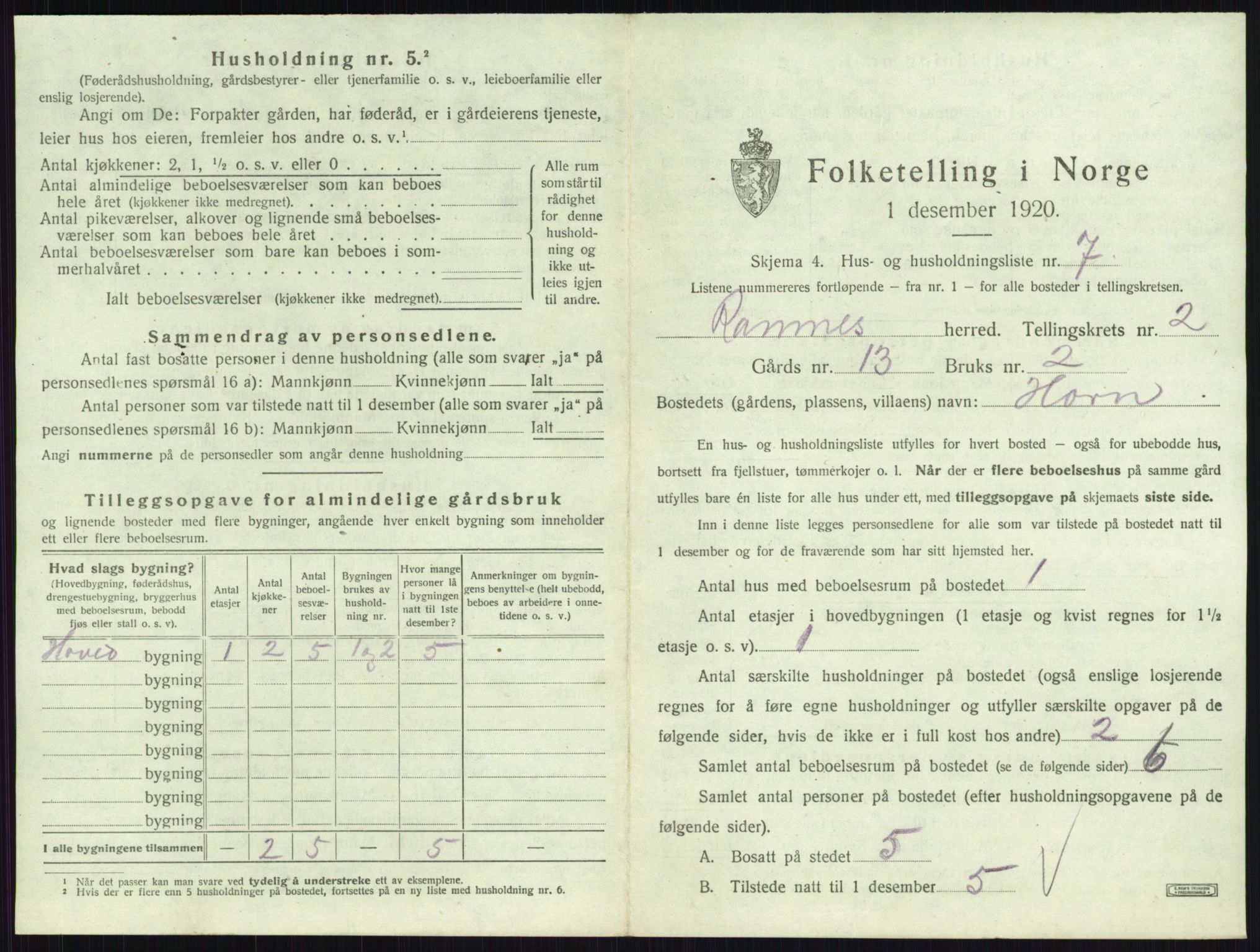 SAKO, 1920 census for Ramnes, 1920, p. 184