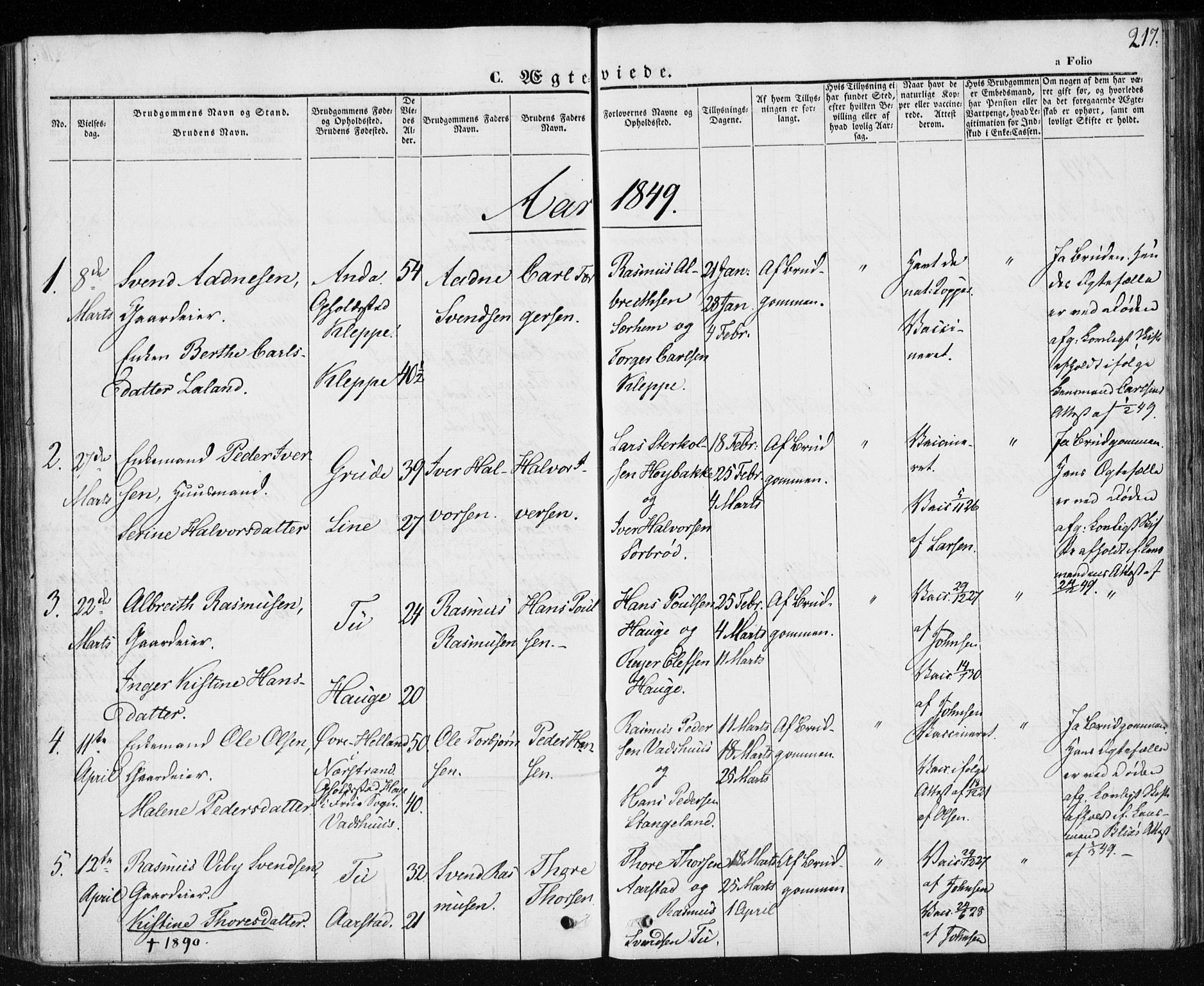 Klepp sokneprestkontor, AV/SAST-A-101803/001/3/30BA/L0004: Parish register (official) no. A 4, 1842-1852, p. 217