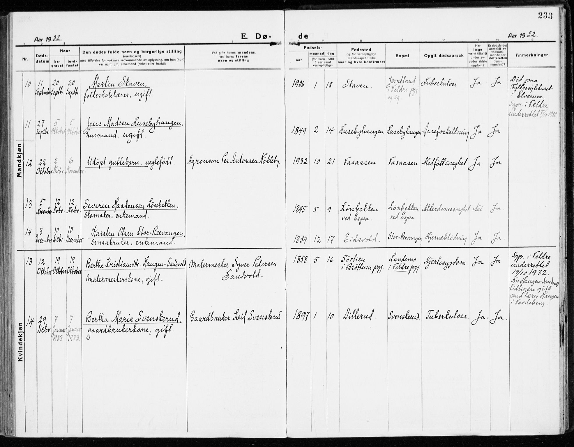 Stange prestekontor, AV/SAH-PREST-002/K/L0025: Parish register (official) no. 25, 1921-1945, p. 233