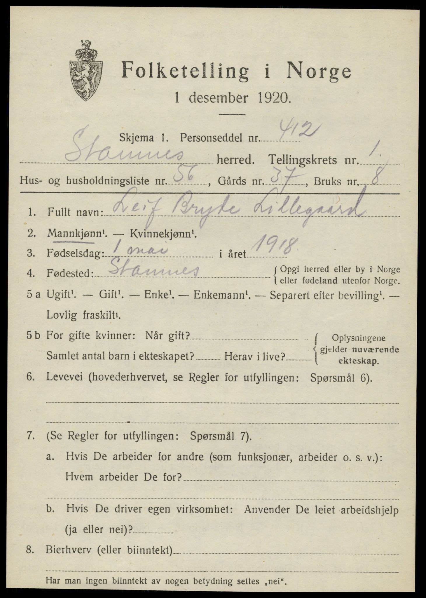 SAT, 1920 census for Stamnes, 1920, p. 1390