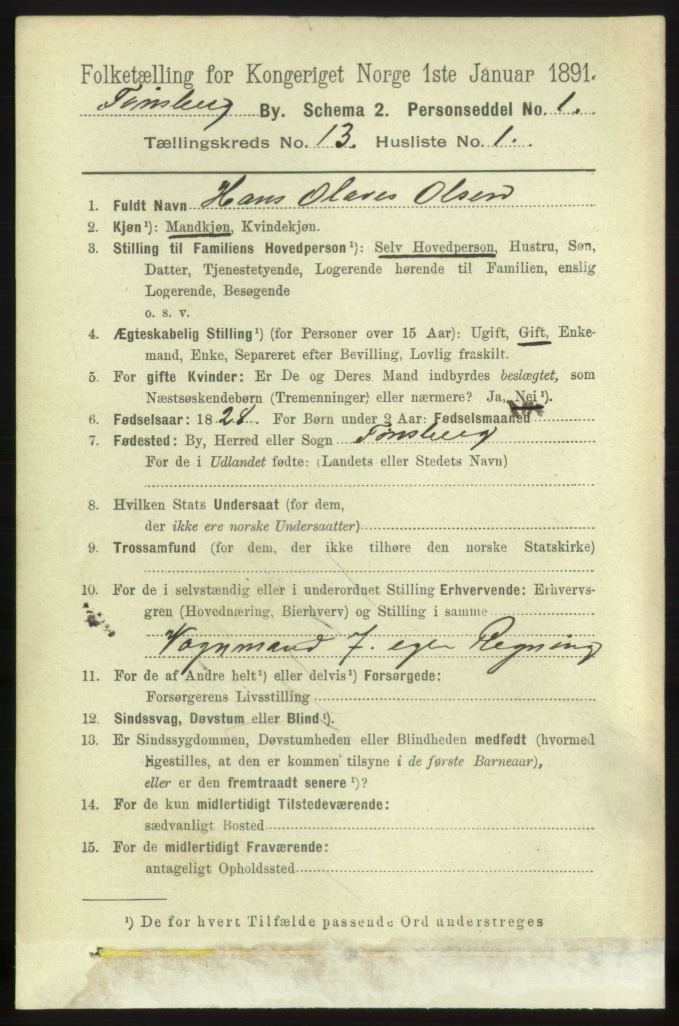 RA, 1891 census for 0705 Tønsberg, 1891, p. 4300