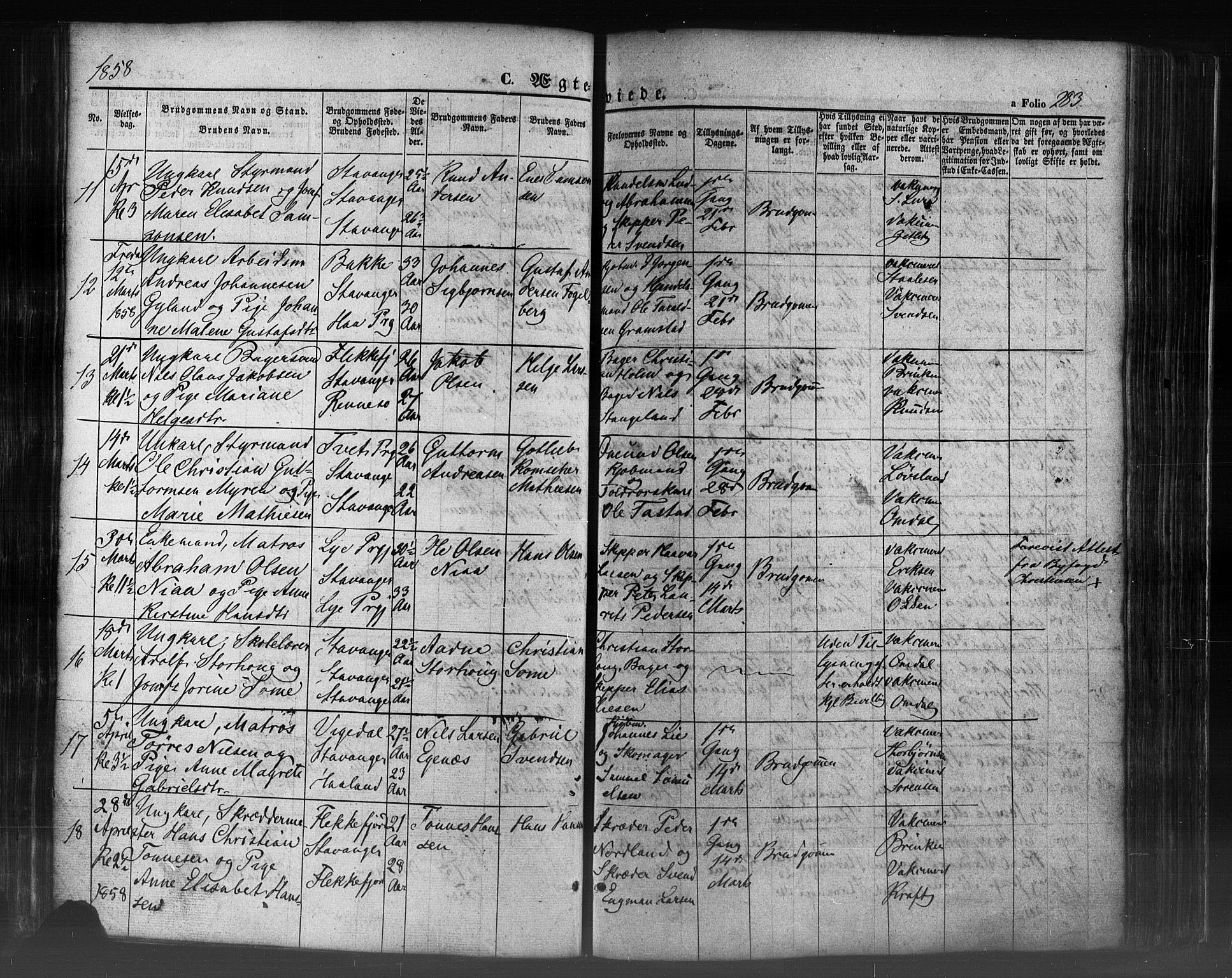 Domkirken sokneprestkontor, SAST/A-101812/001/30/30BB/L0009: Parish register (copy) no. B 9, 1850-1858, p. 283