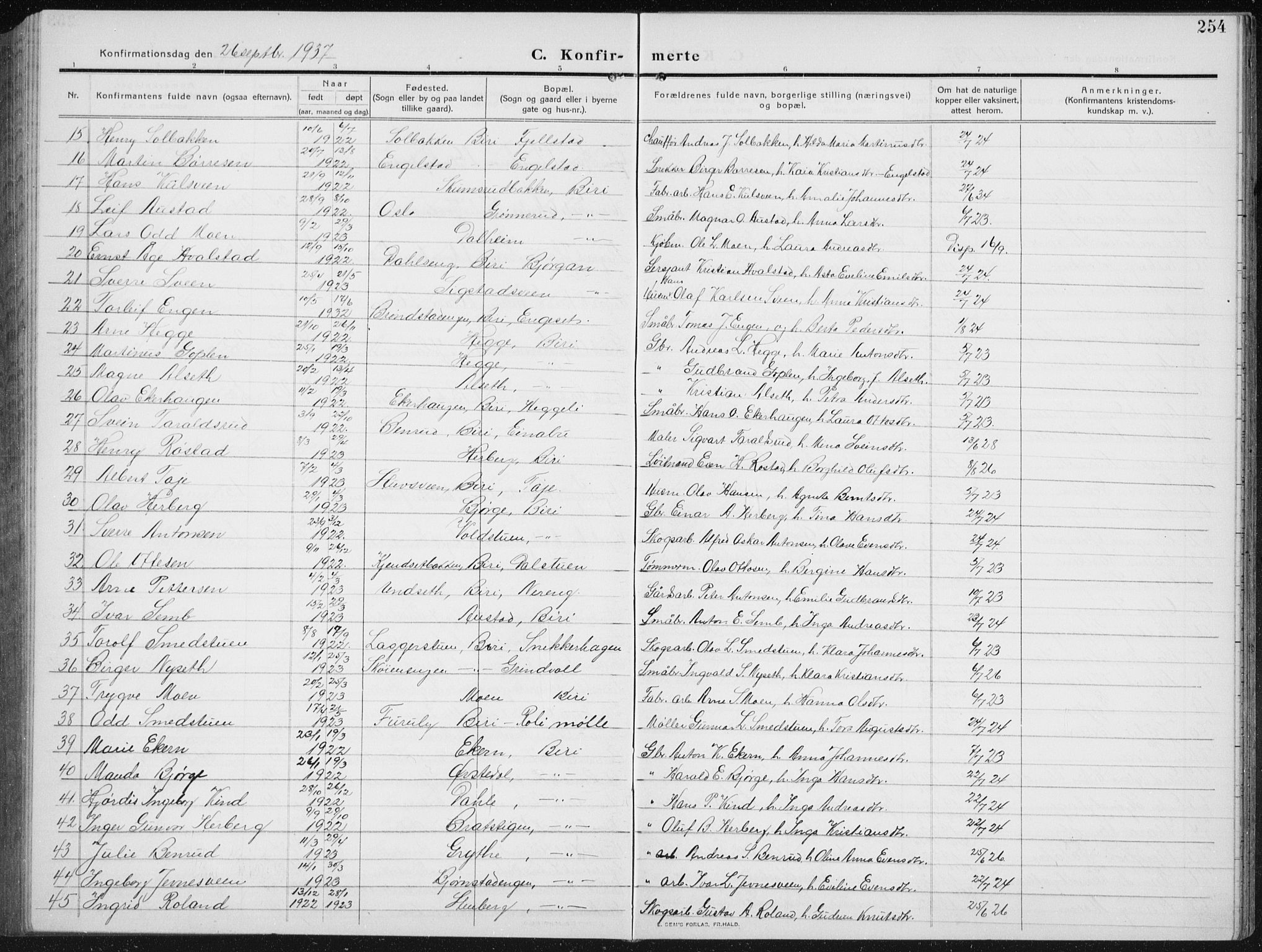 Biri prestekontor, AV/SAH-PREST-096/H/Ha/Hab/L0006: Parish register (copy) no. 6, 1909-1938, p. 254