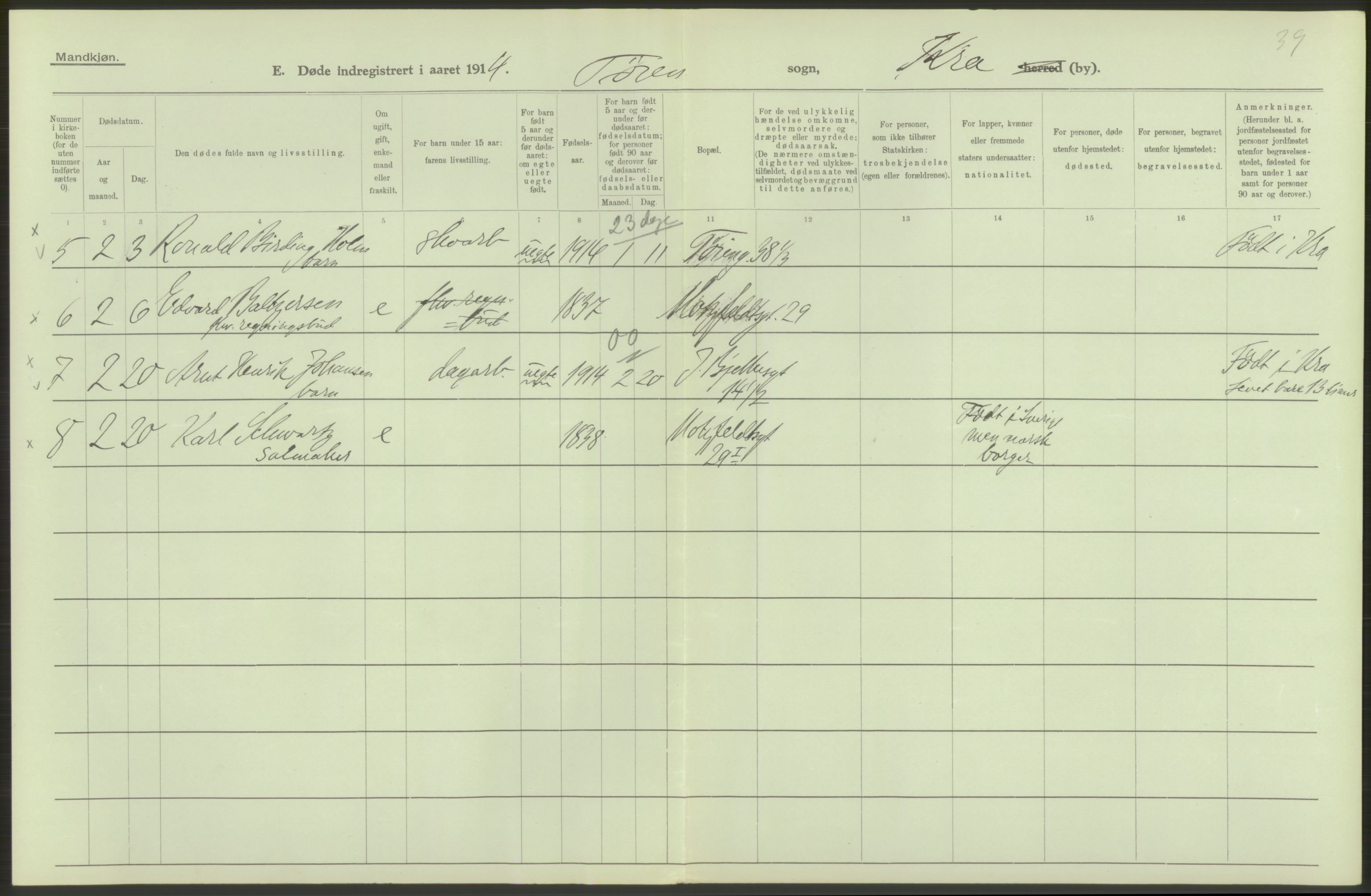 Statistisk sentralbyrå, Sosiodemografiske emner, Befolkning, AV/RA-S-2228/D/Df/Dfb/Dfbd/L0008: Kristiania: Døde, 1914, p. 88