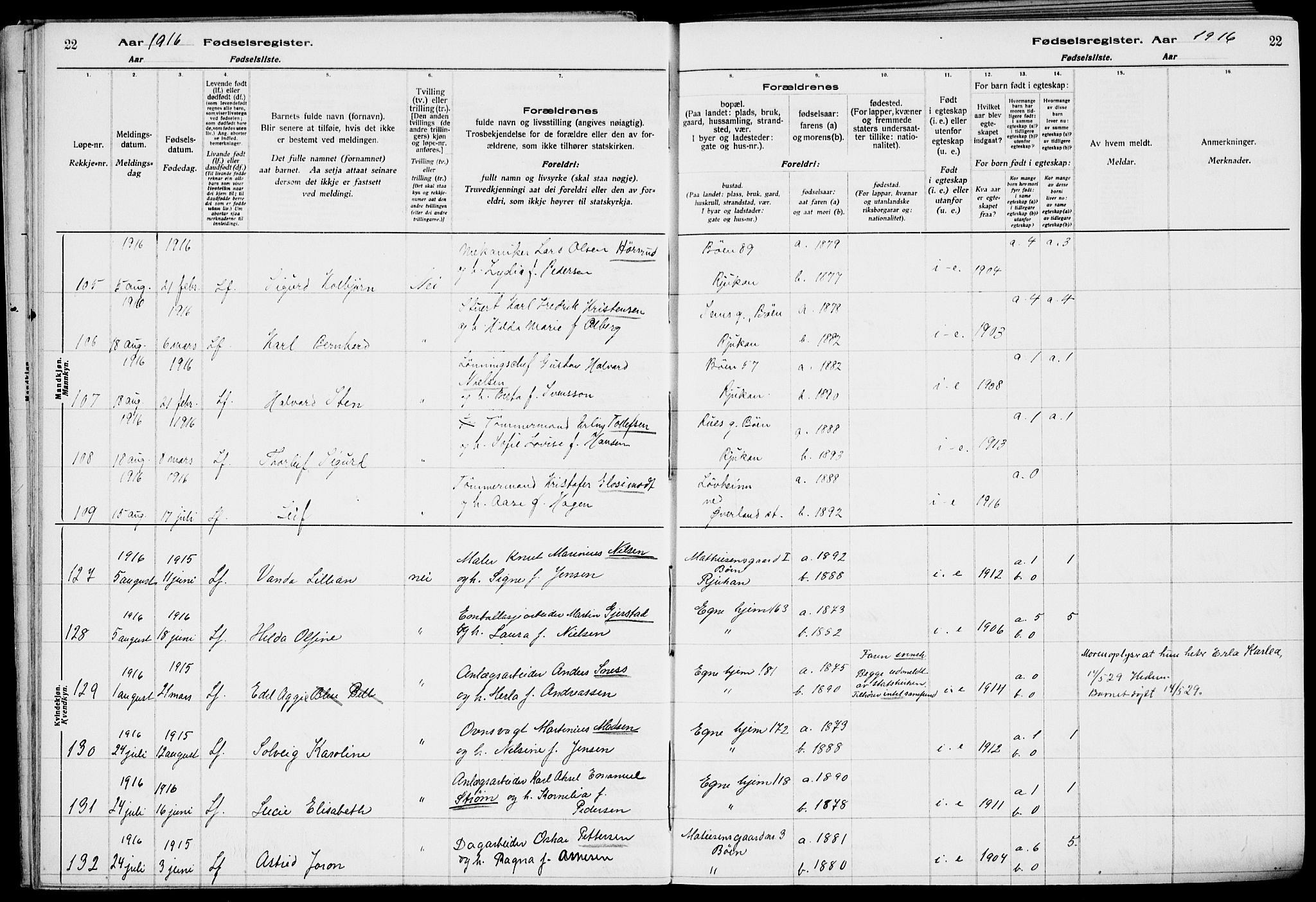 Rjukan kirkebøker, AV/SAKO-A-294/J/Ja/L0001: Birth register no. 1, 1916-1922, p. 22