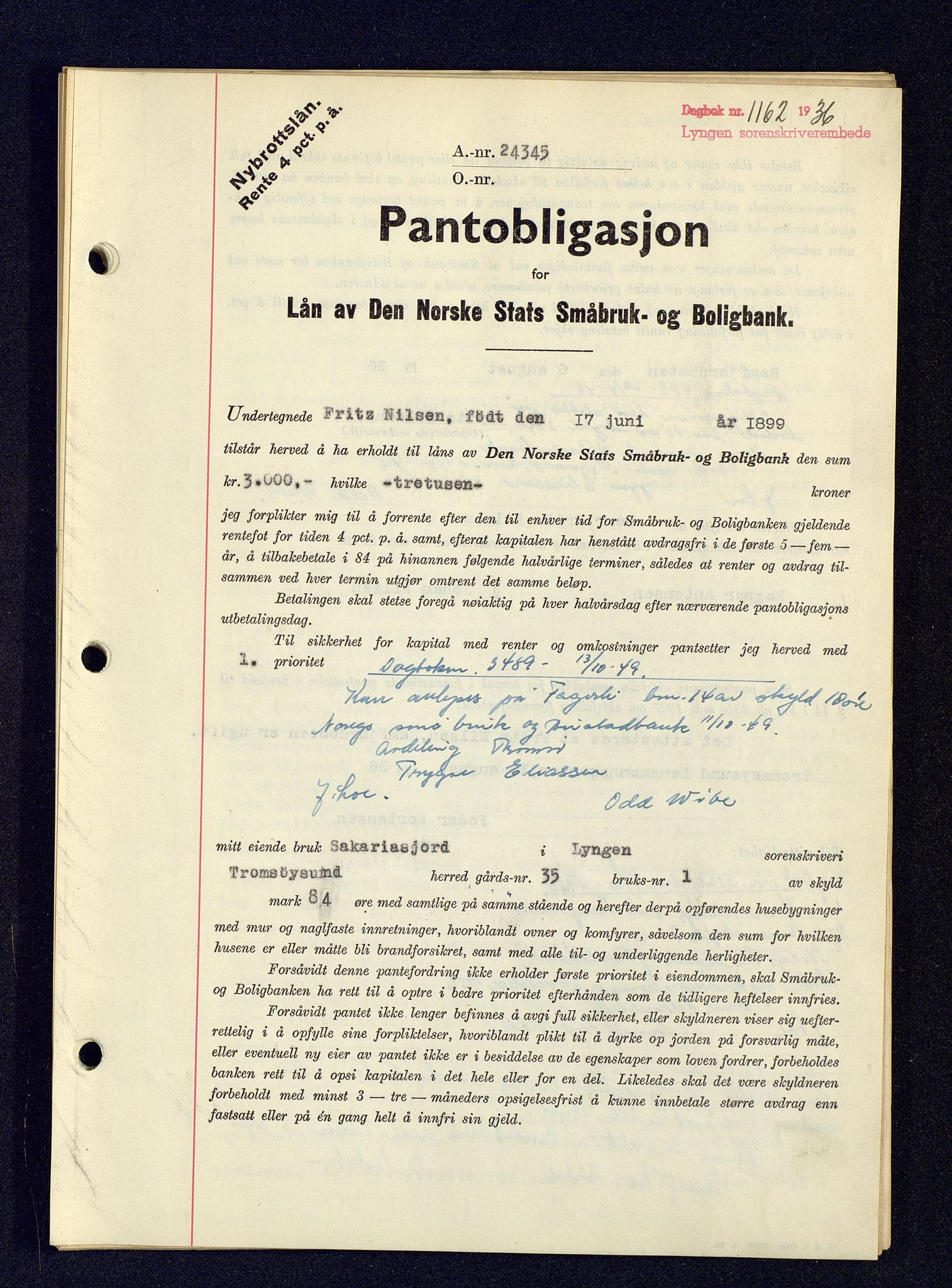 Lyngen sorenskriveri, AV/SATØ-SATØ-0052/1/G/Gf/L0001: Mortgage book no. B 25-31, 1936-1942, Diary no: : 1162/1936