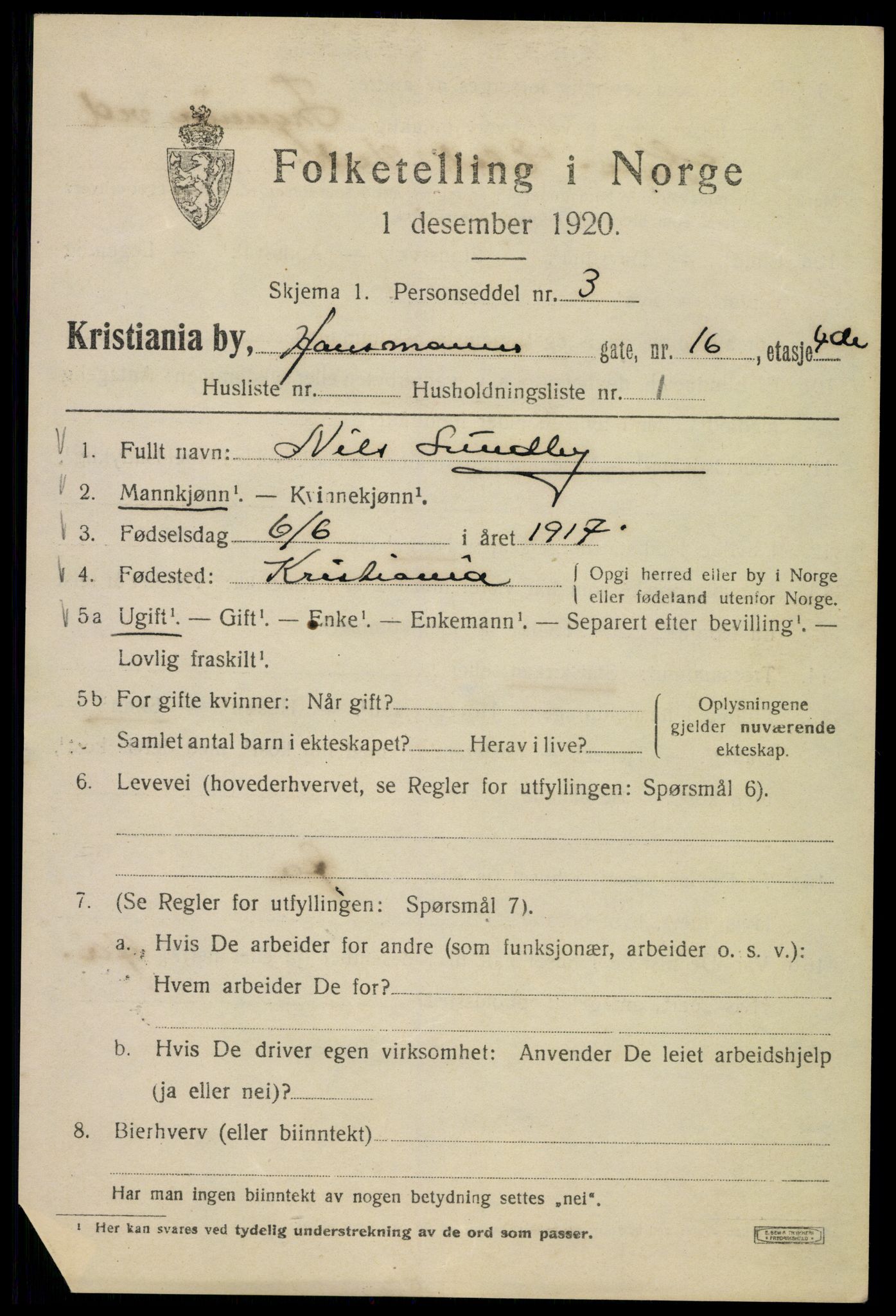 SAO, 1920 census for Kristiania, 1920, p. 272955