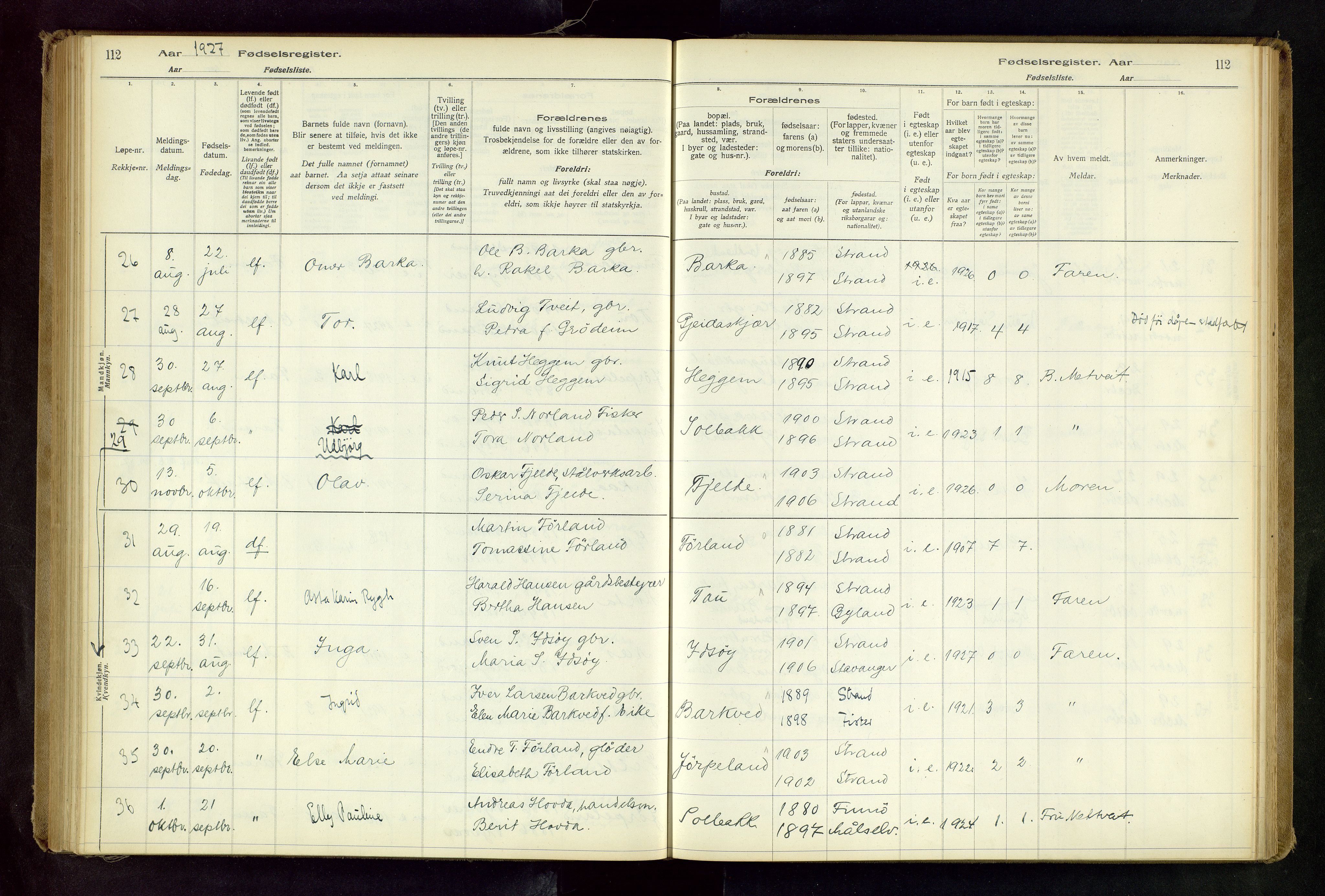 Strand sokneprestkontor, AV/SAST-A-101828/I/Id/L0001: Birth register no. 1, 1916-1938, p. 112