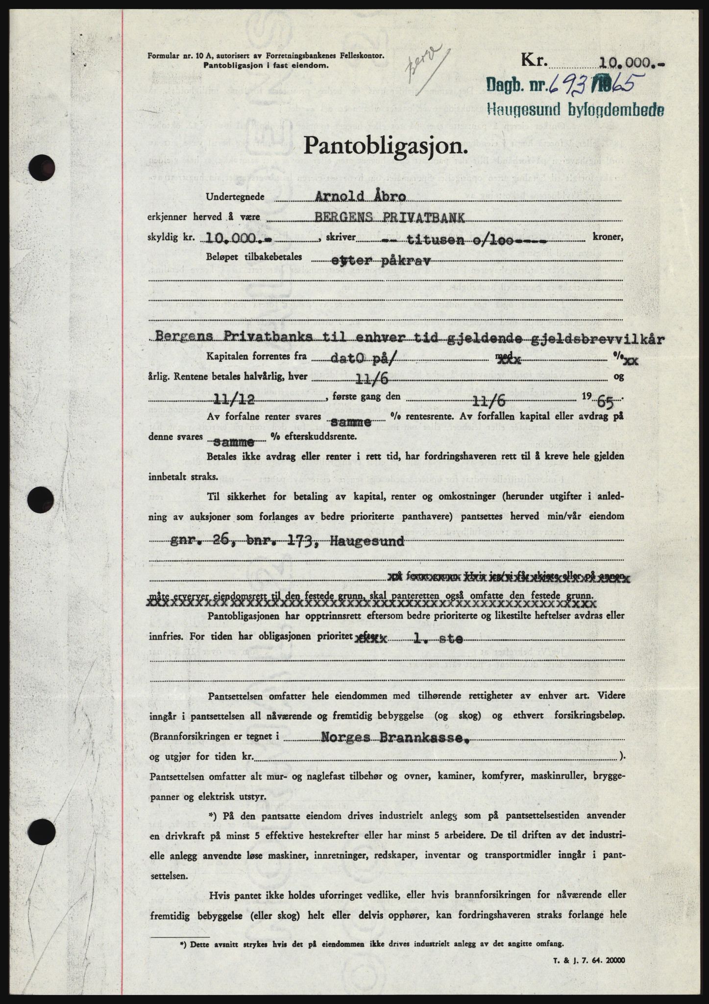 Haugesund tingrett, SAST/A-101415/01/II/IIC/L0053: Mortgage book no. B 53, 1965-1965, Diary no: : 693/1965