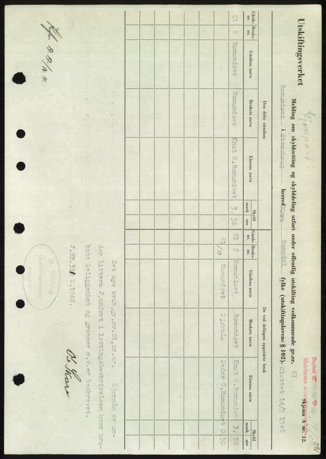 Nordmøre sorenskriveri, AV/SAT-A-4132/1/2/2Ca: Mortgage book no. A103, 1946-1947, Diary no: : 2620/1946