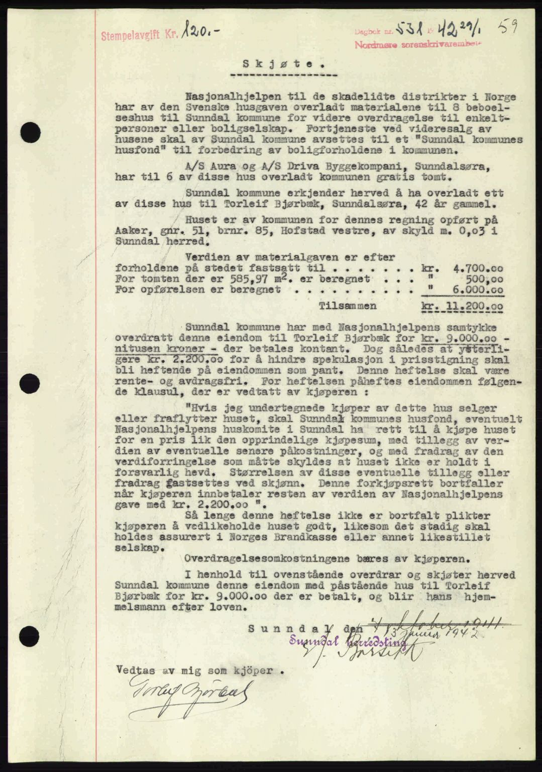 Nordmøre sorenskriveri, AV/SAT-A-4132/1/2/2Ca: Mortgage book no. A92, 1942-1942, Diary no: : 531/1942