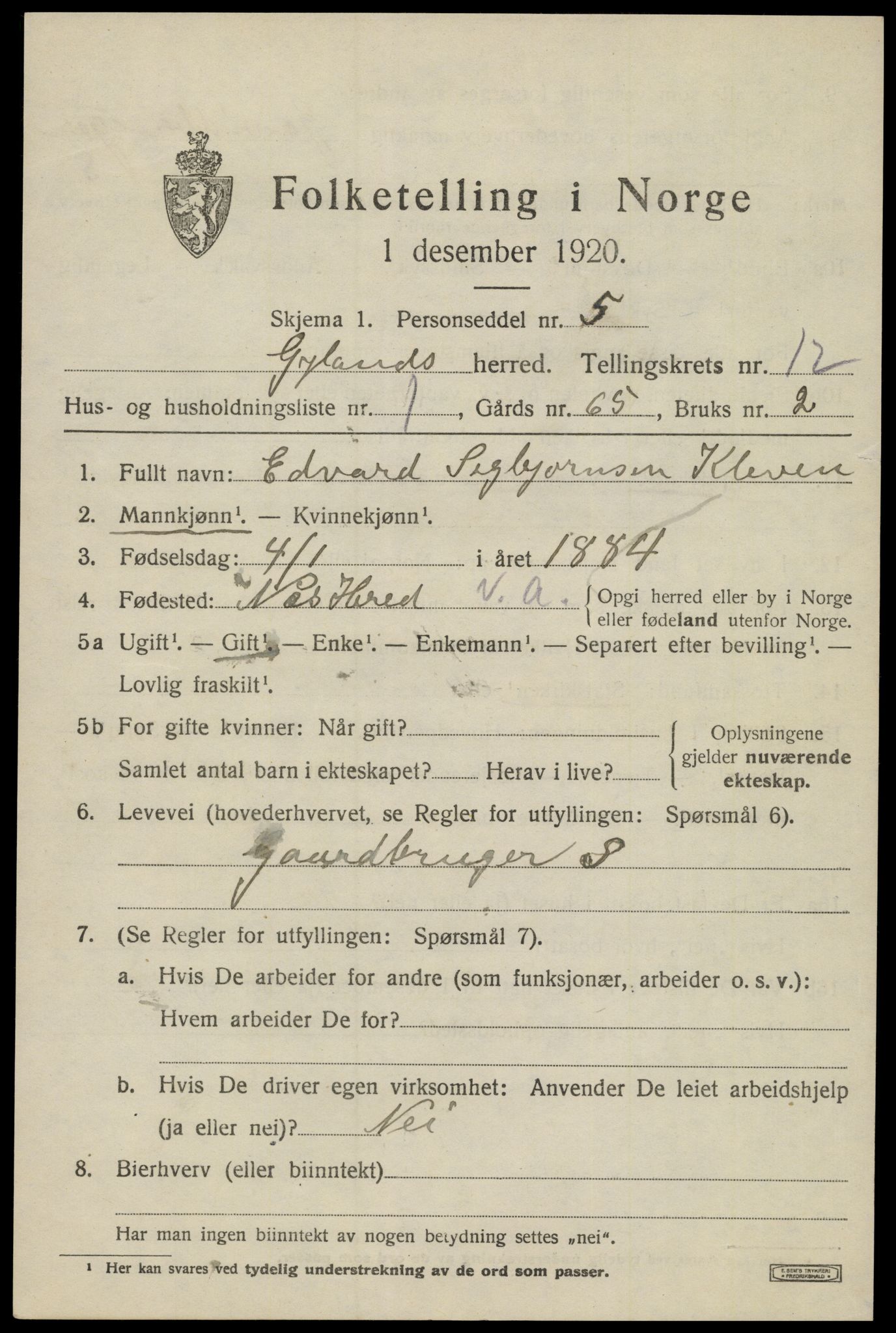 SAK, 1920 census for Gyland, 1920, p. 2430