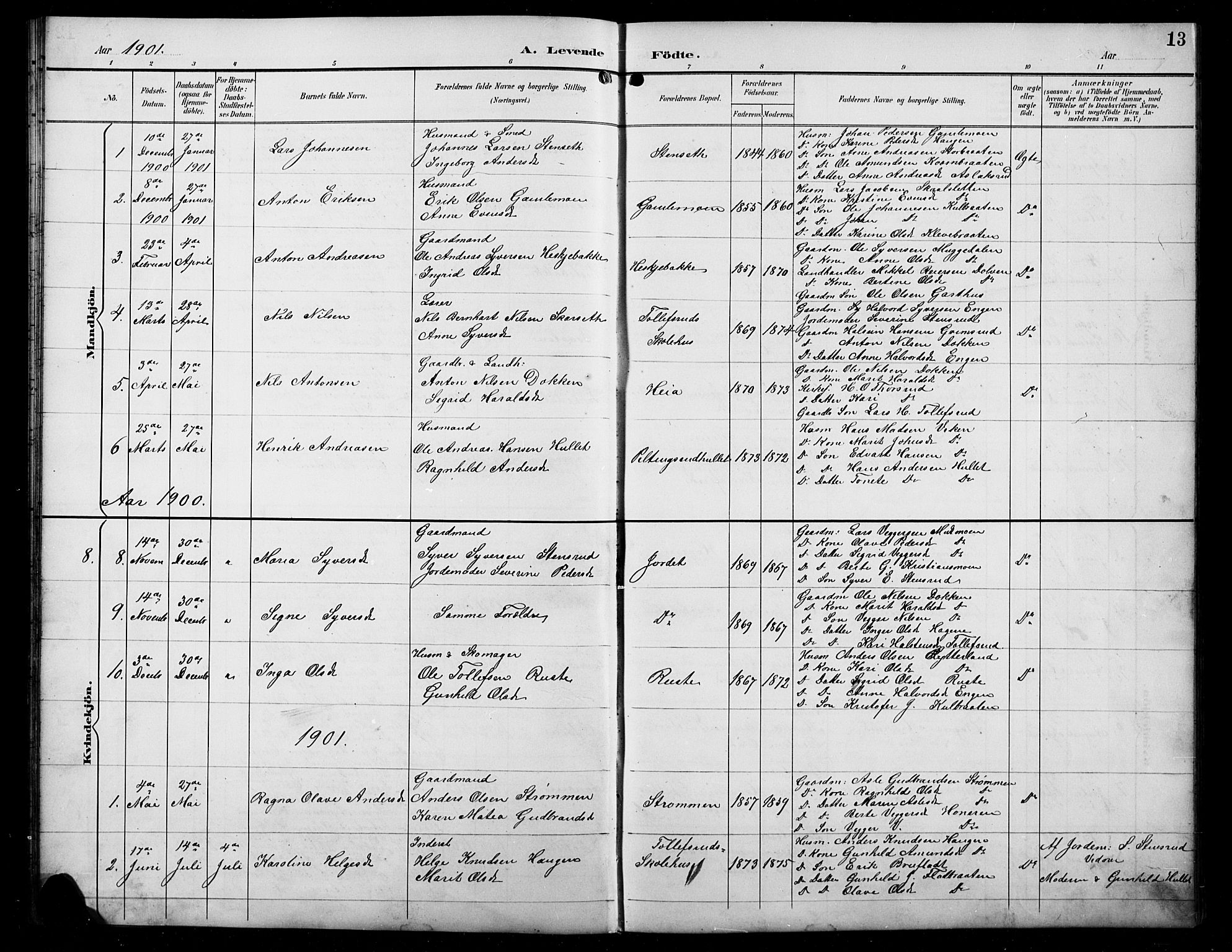 Sør-Aurdal prestekontor, SAH/PREST-128/H/Ha/Hab/L0008: Parish register (copy) no. 8, 1894-1921, p. 13