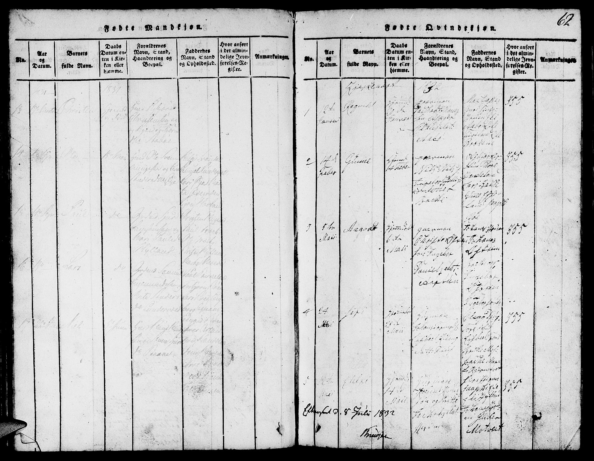 Suldal sokneprestkontor, SAST/A-101845/01/V/L0002: Parish register (copy) no. B 2, 1816-1845, p. 62