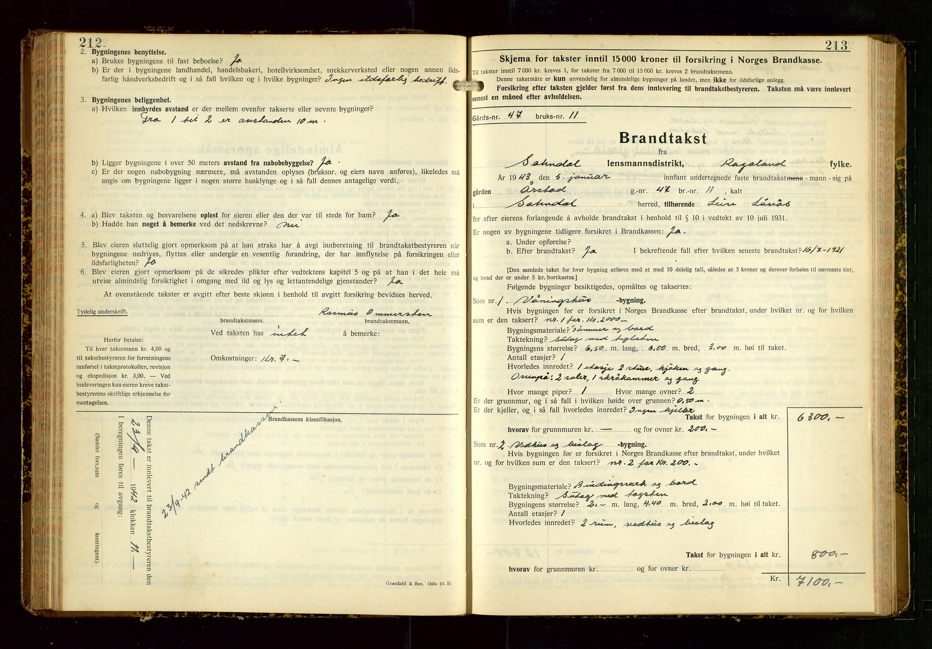 Sokndal lensmannskontor, SAST/A-100417/Gob/L0008: "Brandtakst-Protokoll", 1937-1955, p. 212-213