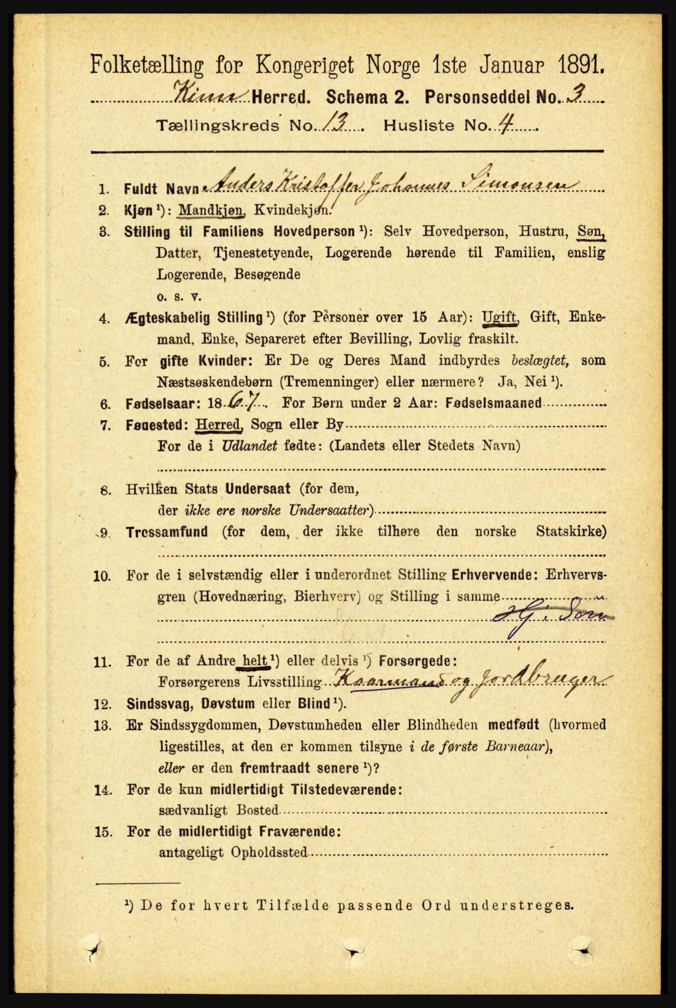 RA, 1891 census for 1437 Kinn, 1891, p. 5074