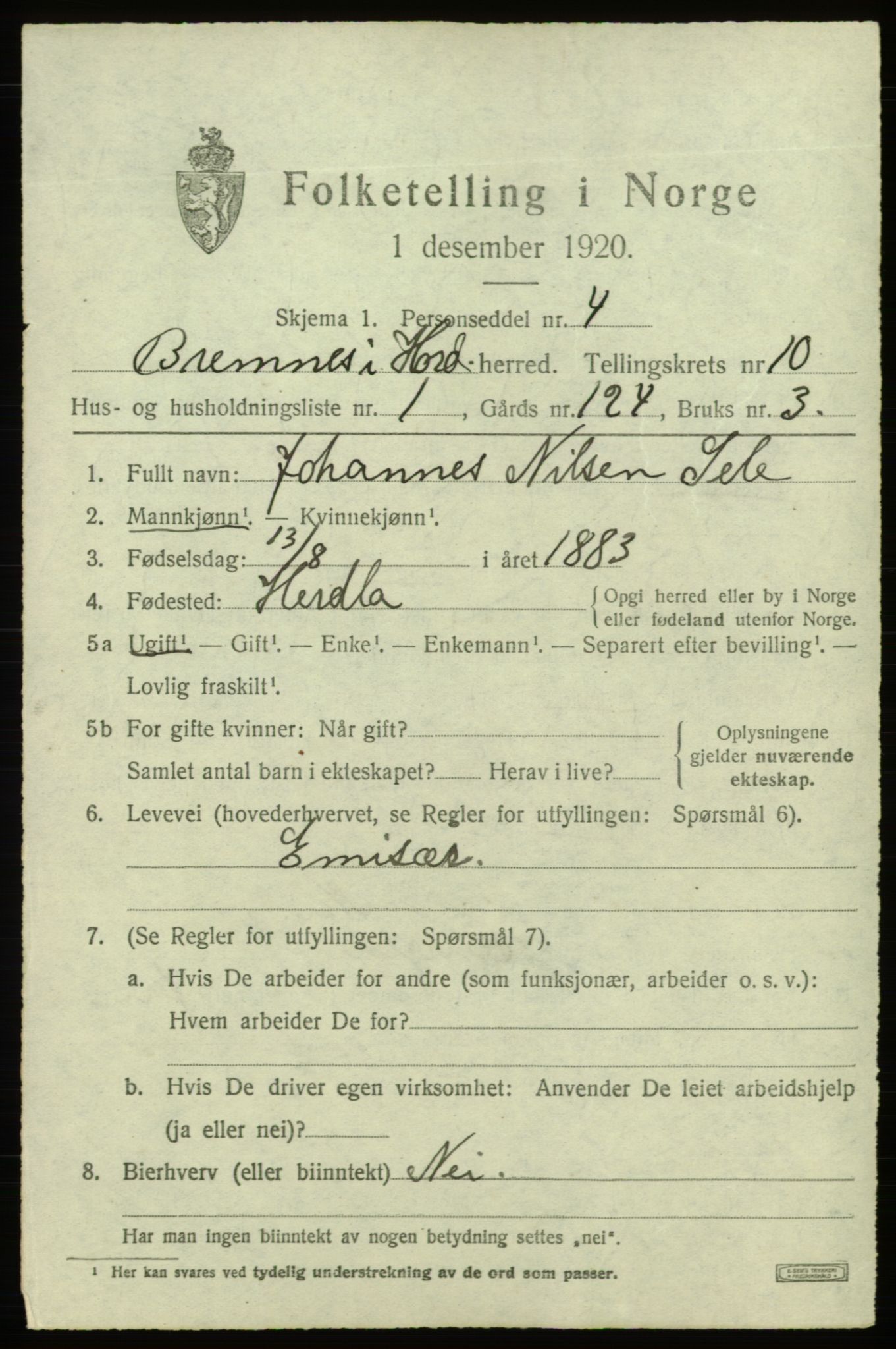 SAB, 1920 census for Bremnes, 1920, p. 6362