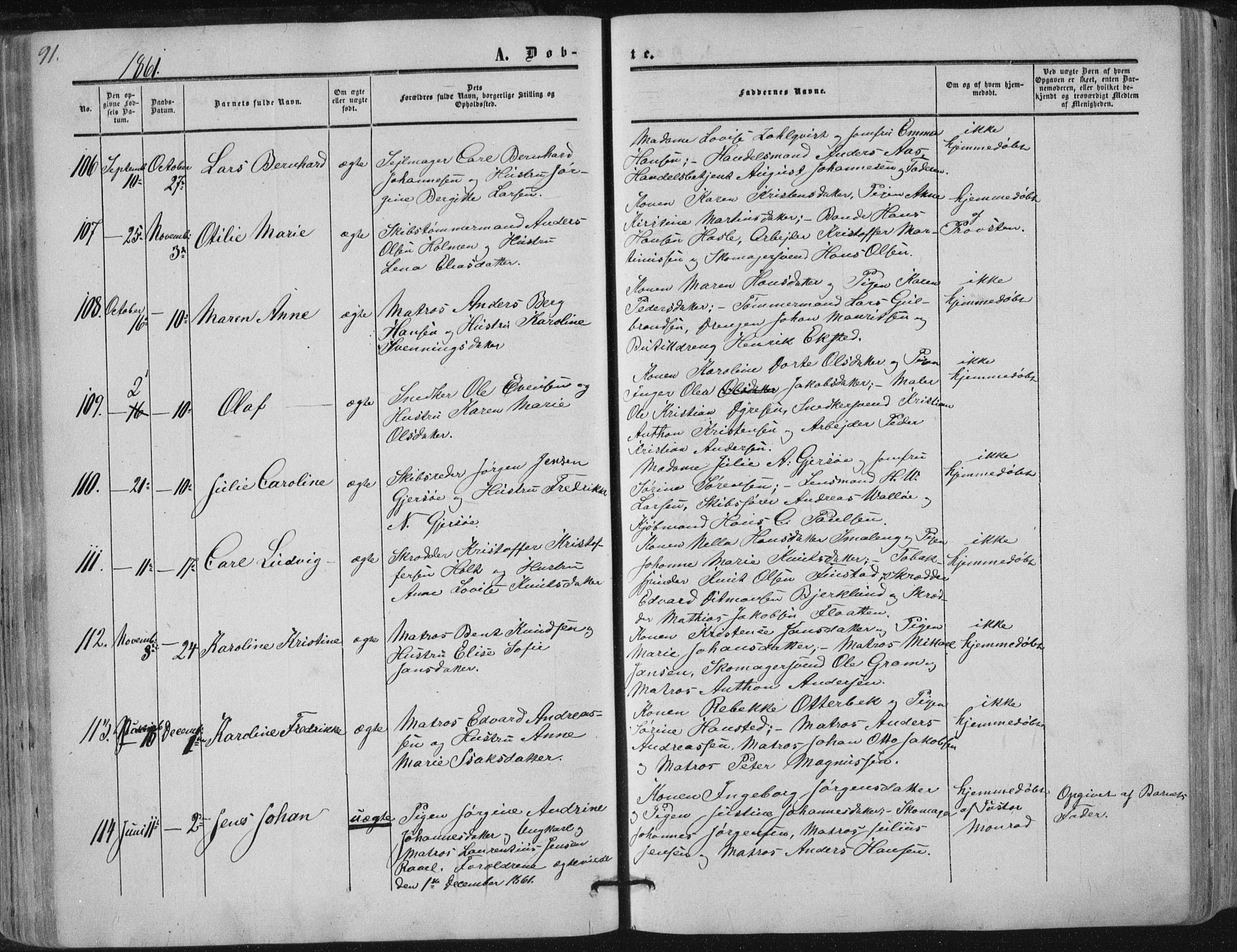 Tønsberg kirkebøker, AV/SAKO-A-330/F/Fa/L0008: Parish register (official) no. I 8, 1855-1864, p. 91